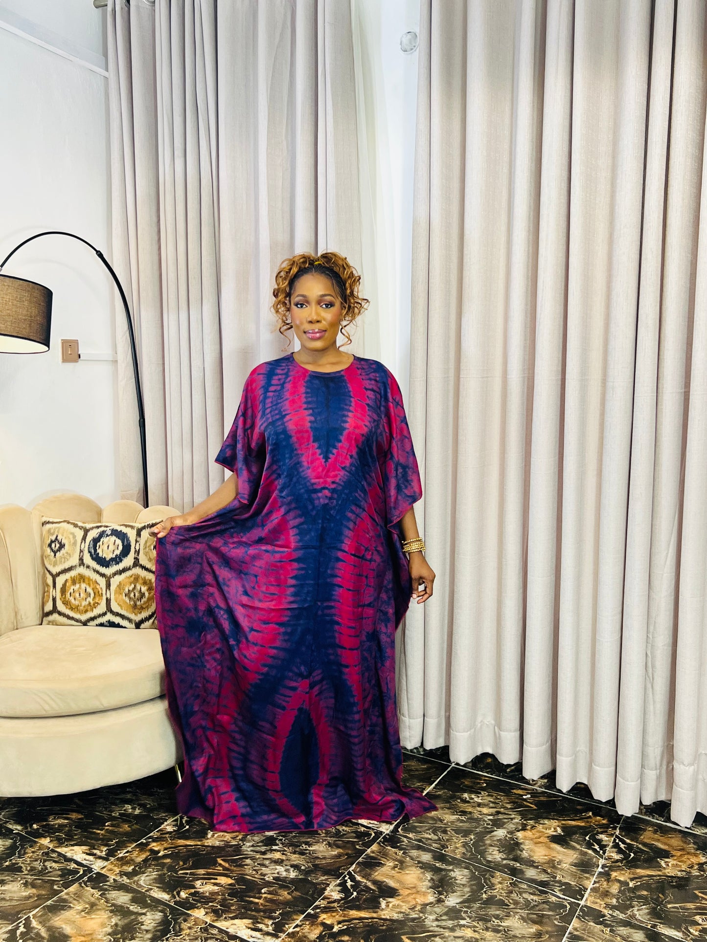 Zuri – Luxury Silk Adire Boubou Dress | African Free-Flowing Kaftan