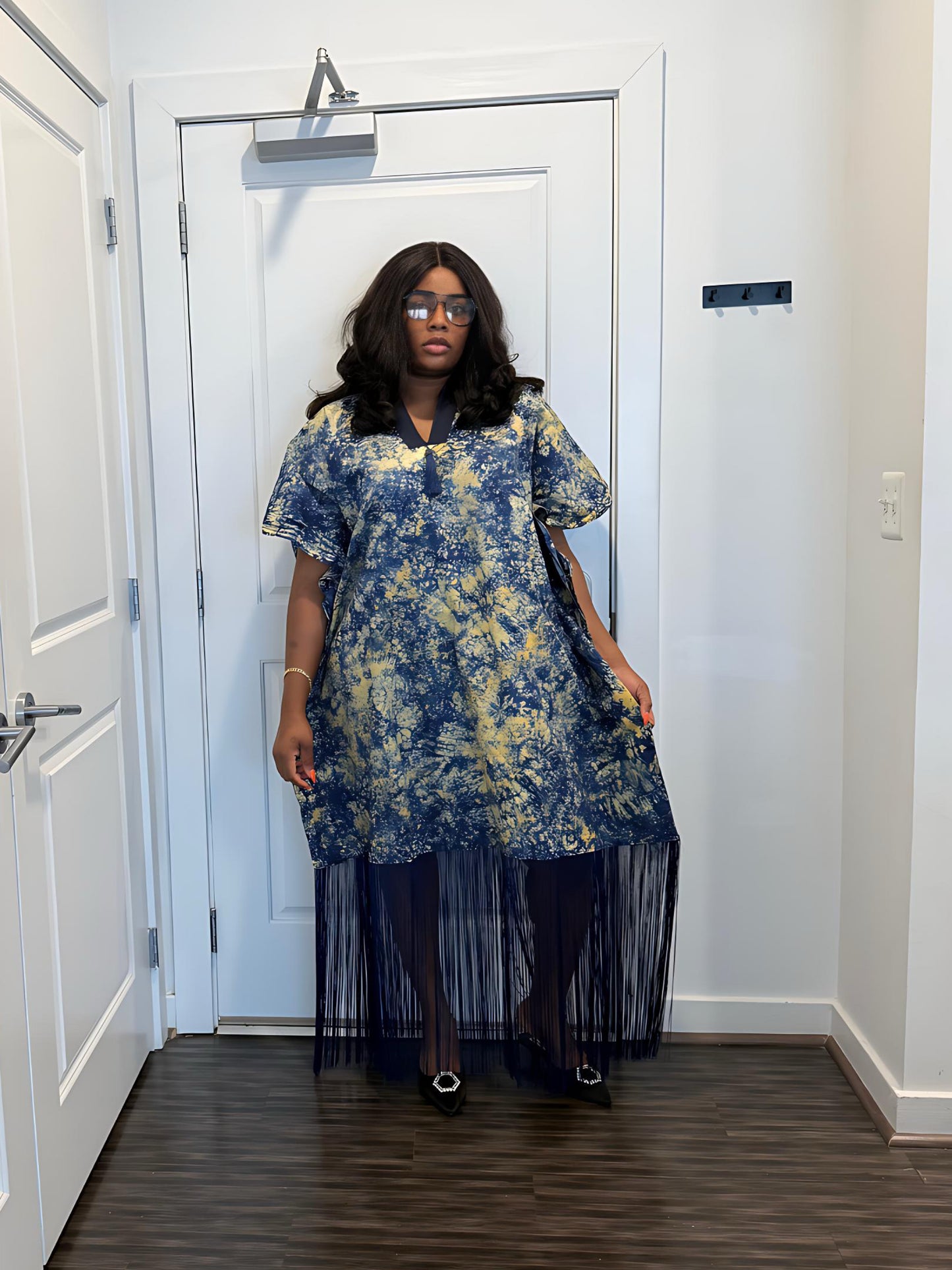 African woman wearing fringe bubu dress – hand-dyed tie-dye kaftan