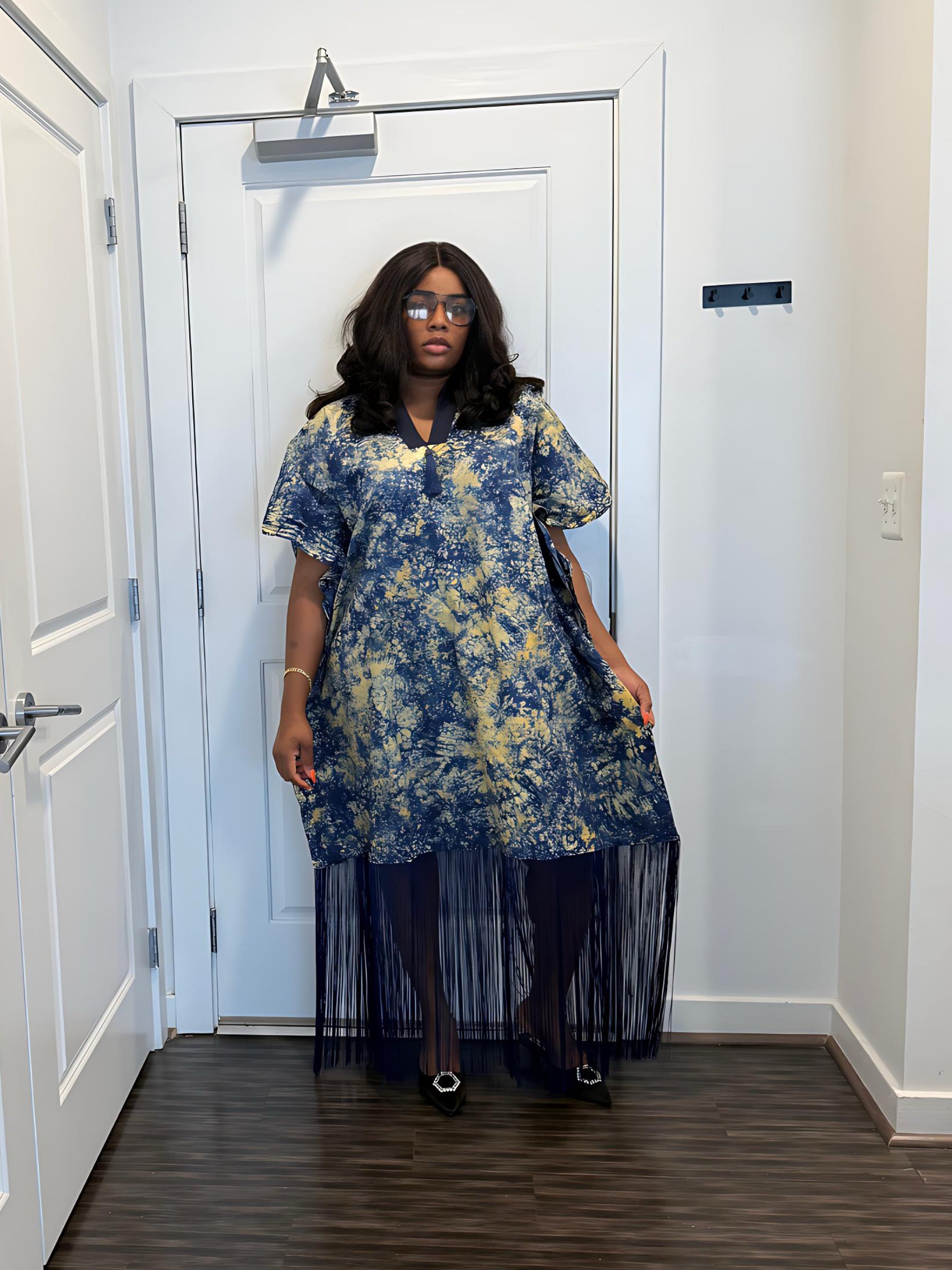 African woman wearing fringe bubu dress – hand-dyed tie-dye kaftan
