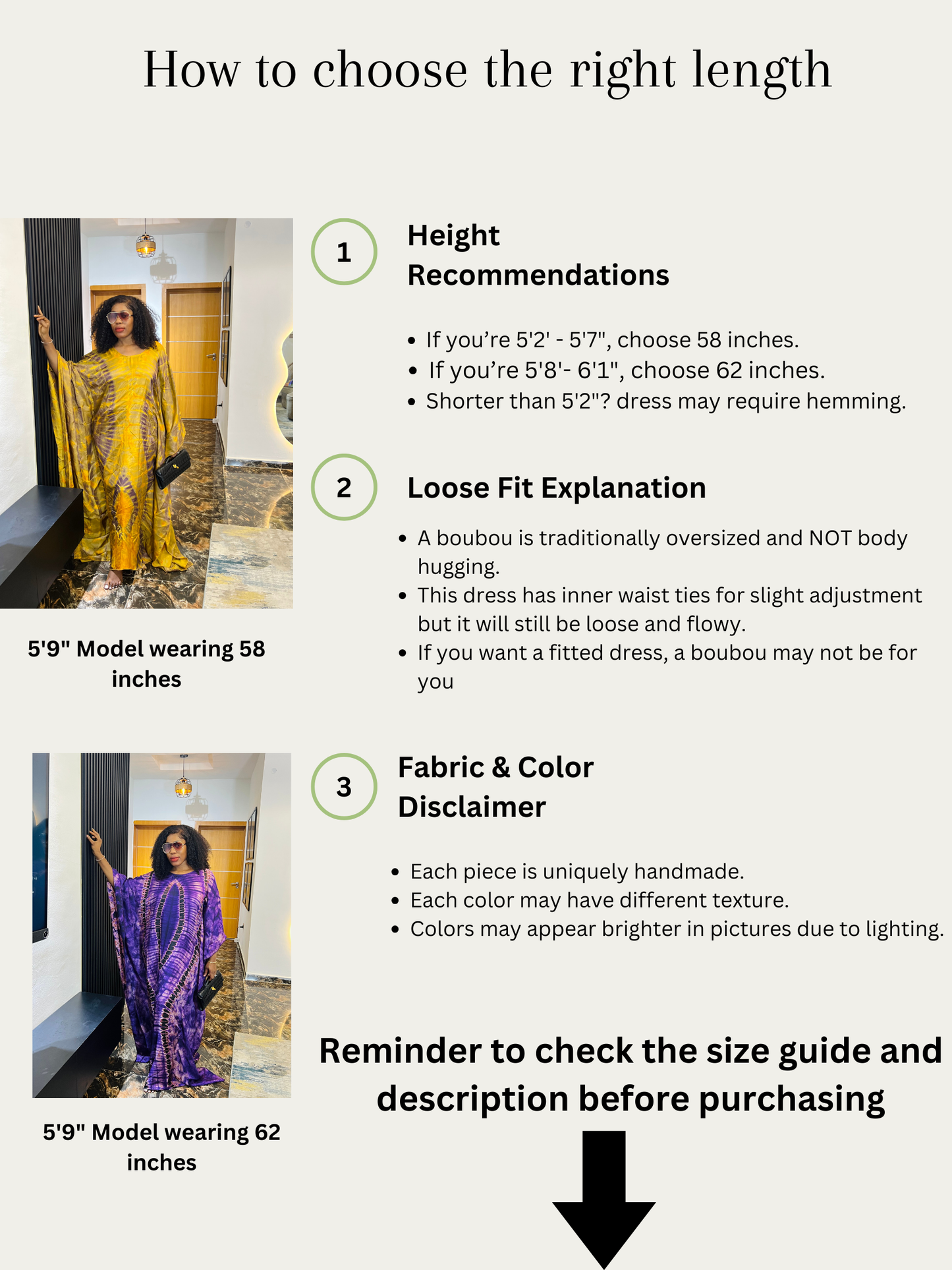 Boubou dress size chart – recommended length for women 5’6” and taller or shorter
