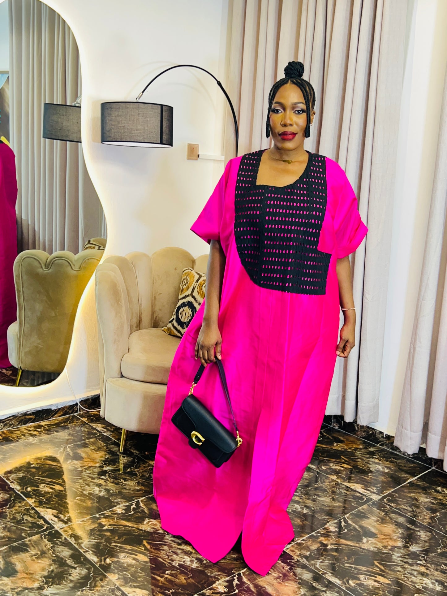 African woman wearing a structured Mikado boubou dress – one-size kaftan