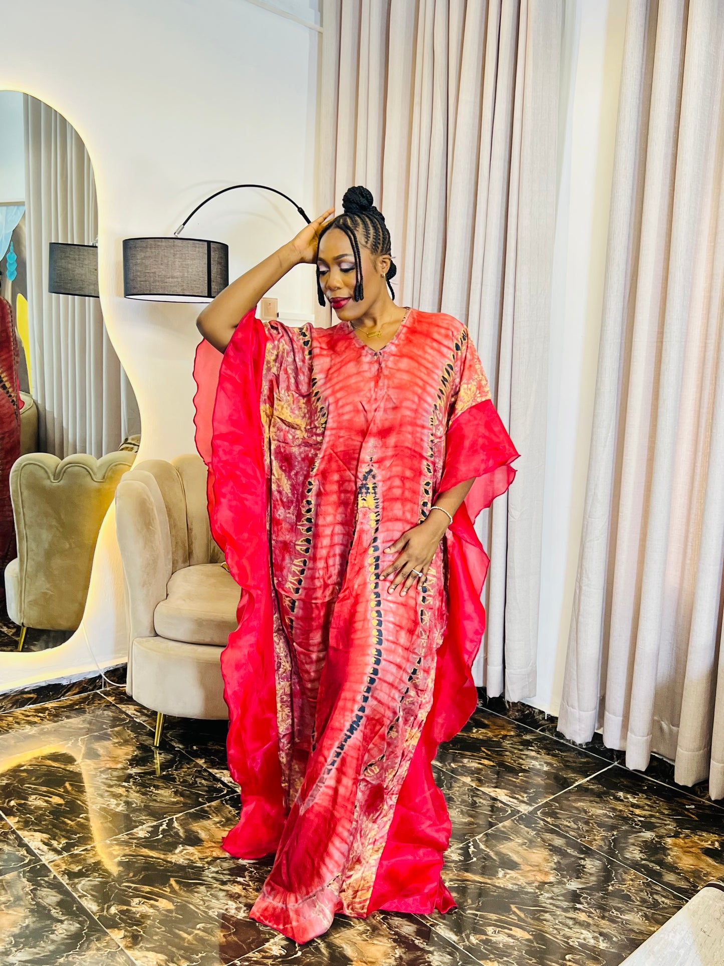 Jamila – Ruffle Sleeve African Boubou Dress | Luxury Adire Kaftan for Women