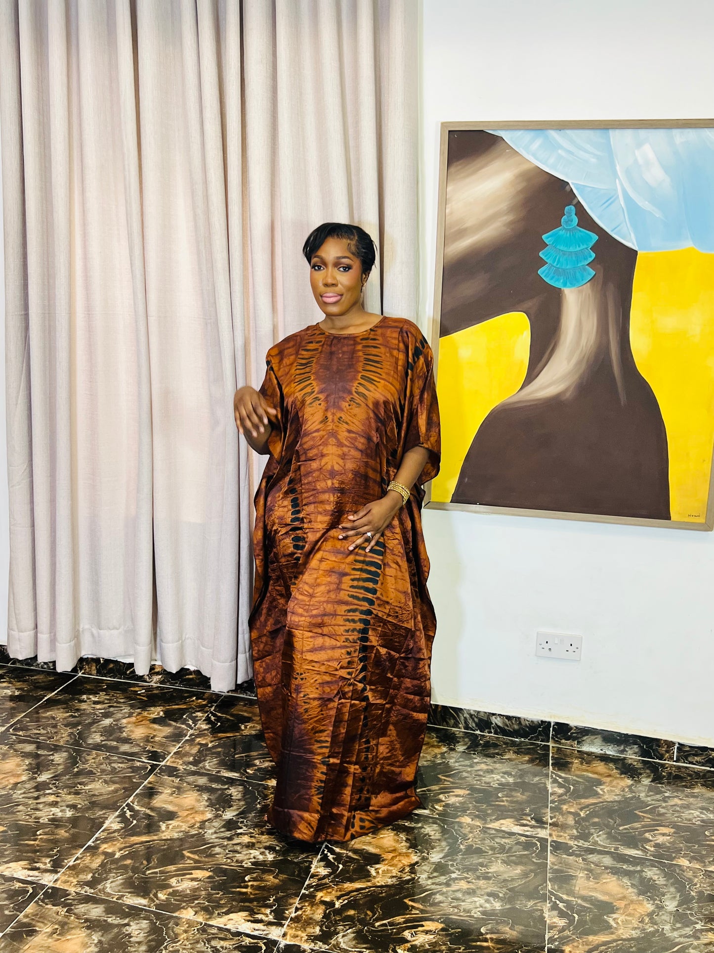 Zuri – Luxury Silk Adire Boubou Dress | African Free-Flowing Kaftan