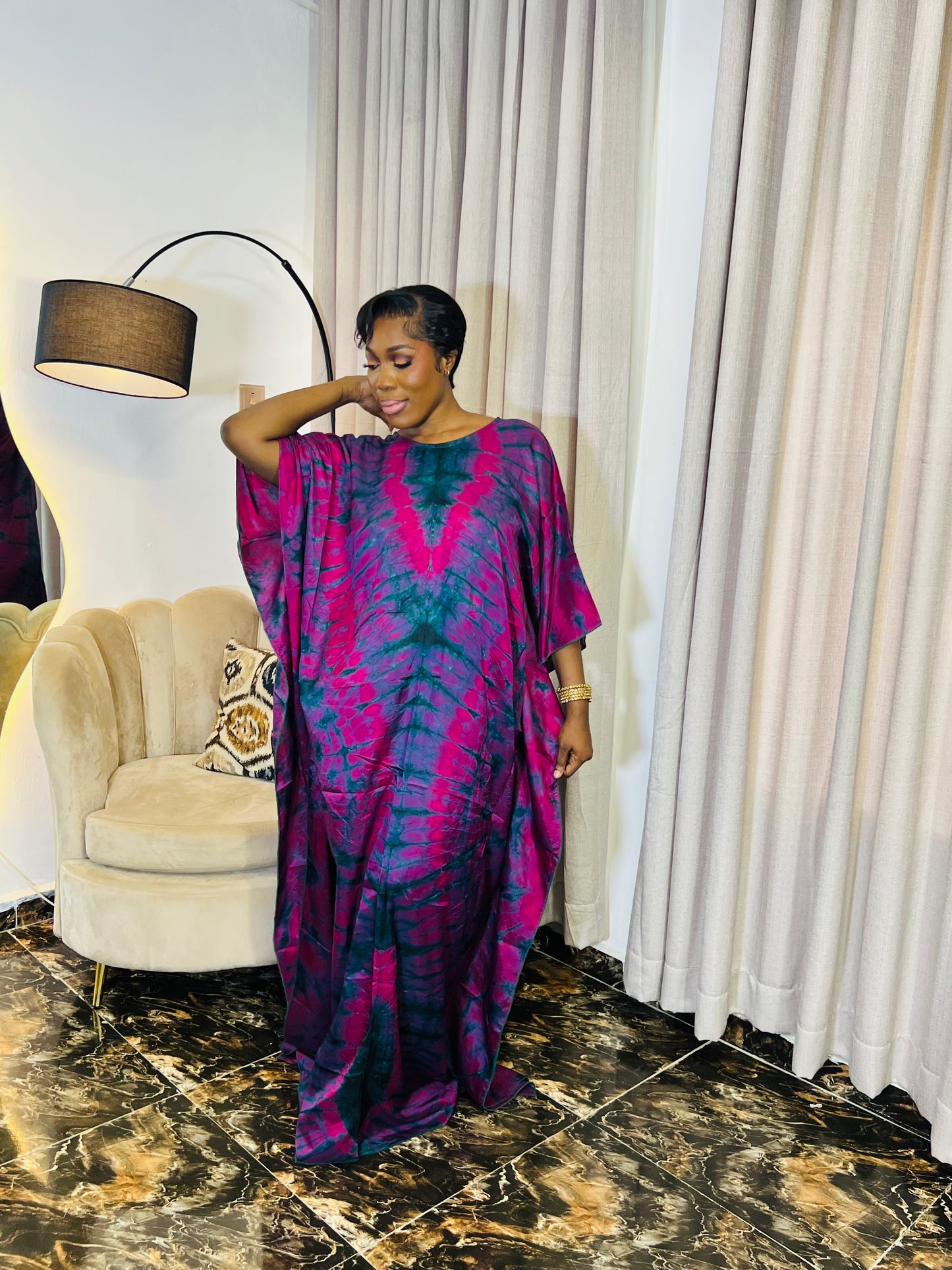 Zuri – Luxury Silk Adire Boubou Dress | African Free-Flowing Kaftan