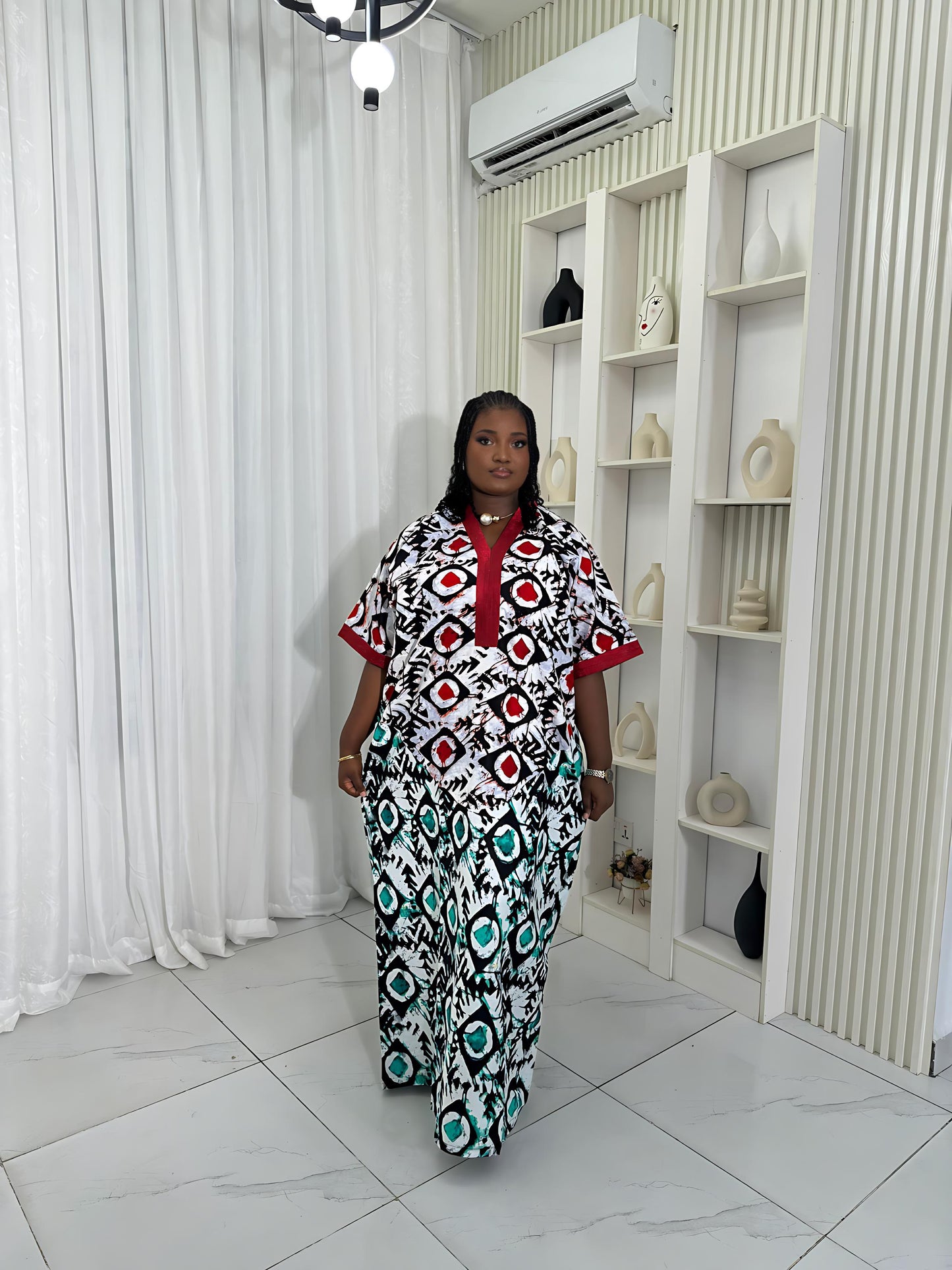Detail of Ankara fabric paired with textured Aso-Oke panel