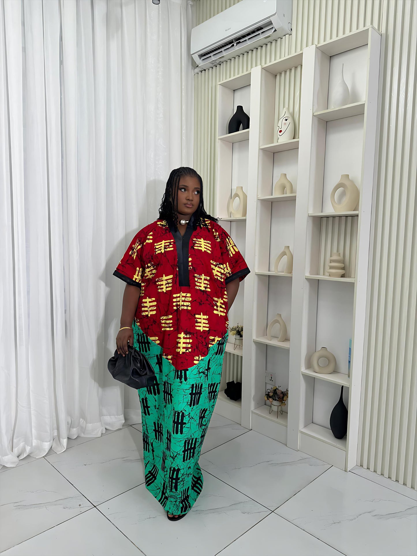 Detail of Ankara fabric paired with textured Aso-Oke panel
