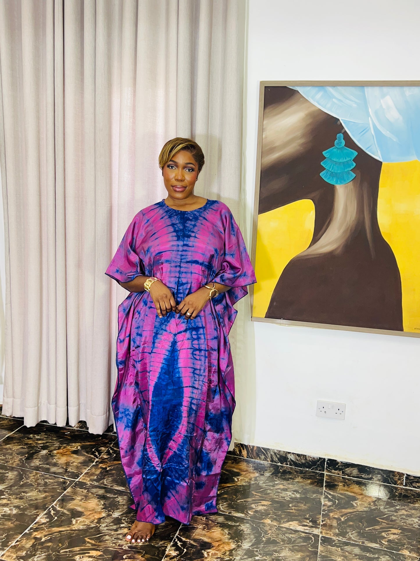 Zuri – Luxury Silk Adire Boubou Dress | African Free-Flowing Kaftan