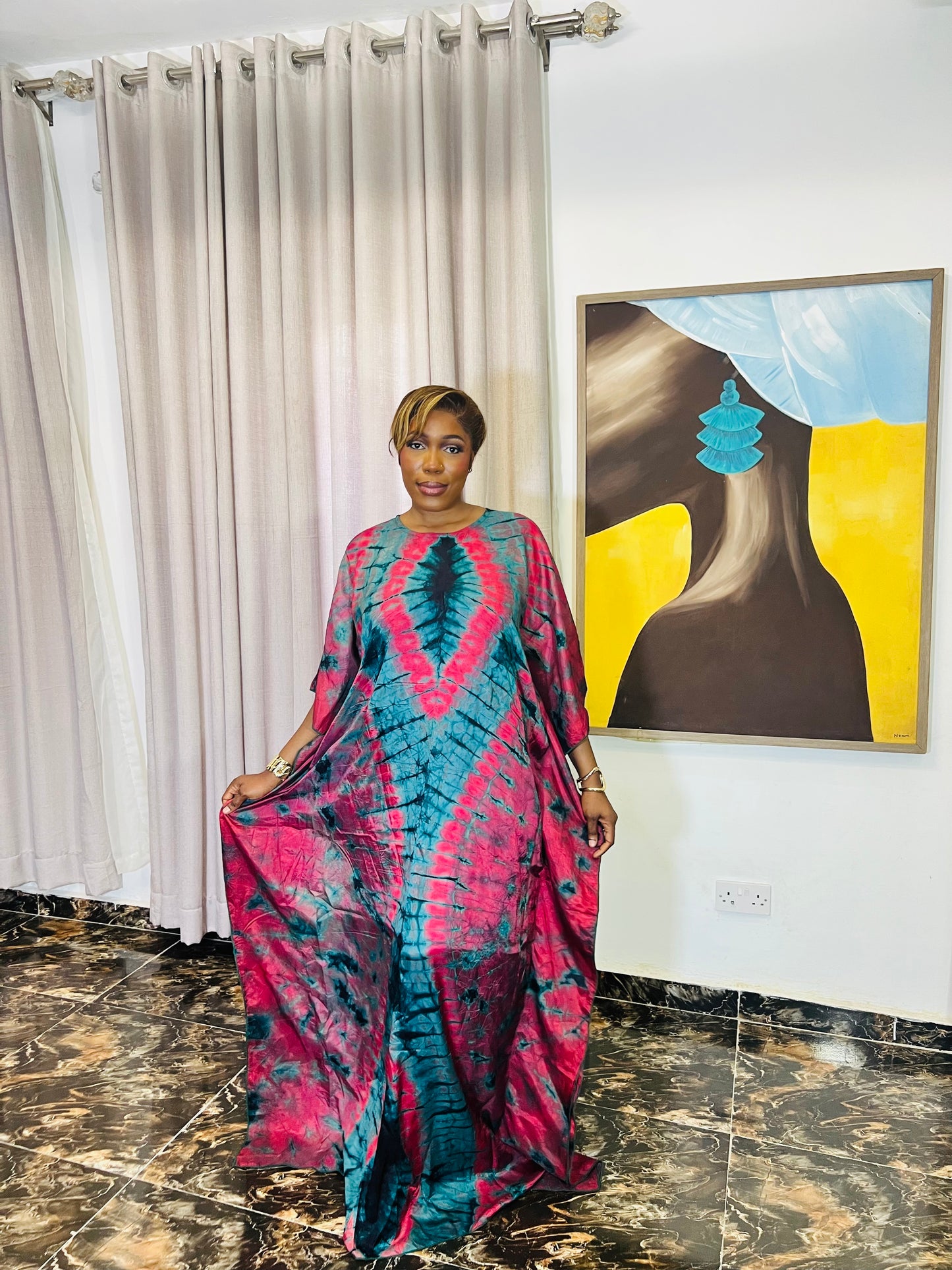 Zuri – Luxury Silk Adire Boubou Dress | African Free-Flowing Kaftan