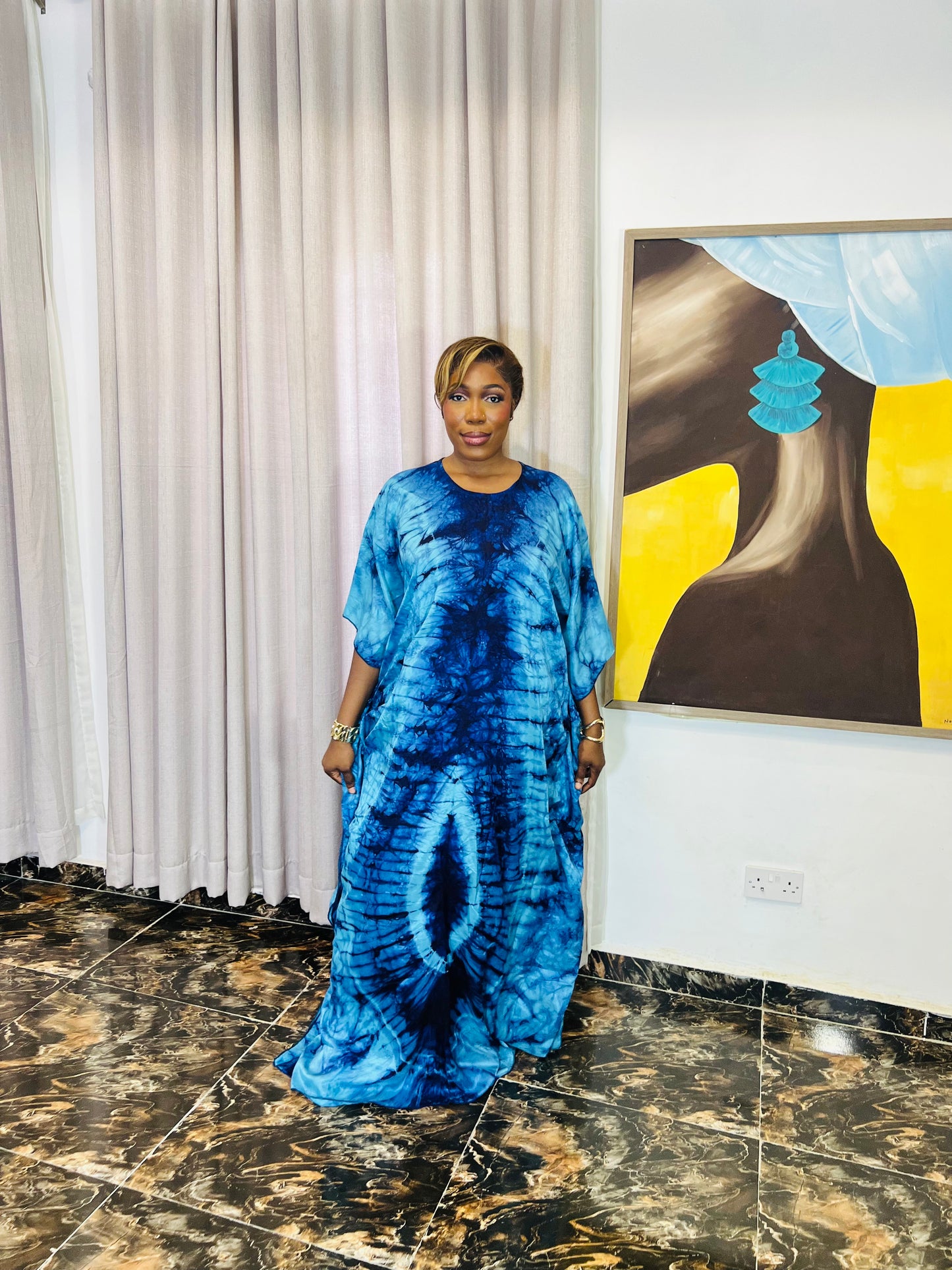 Zuri – Luxury Silk Adire Boubou Dress | African Free-Flowing Kaftan