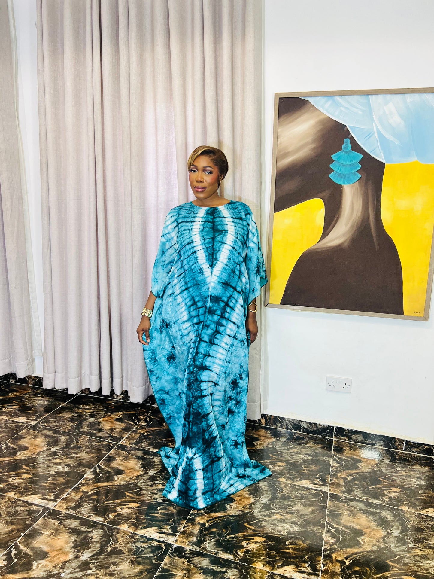 Zuri – Luxury Silk Adire Boubou Dress | African Free-Flowing Kaftan