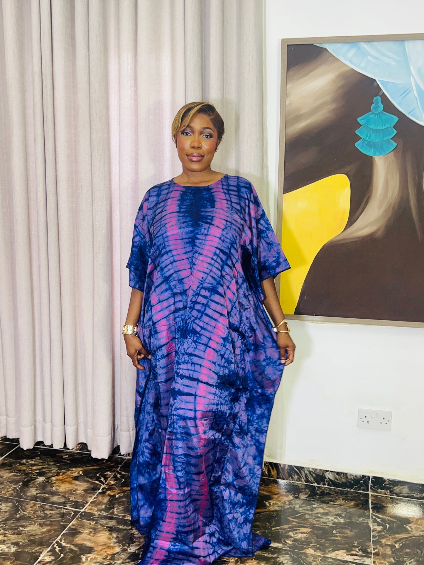 Zuri – Luxury Silk Adire Boubou Dress | African Free-Flowing Kaftan