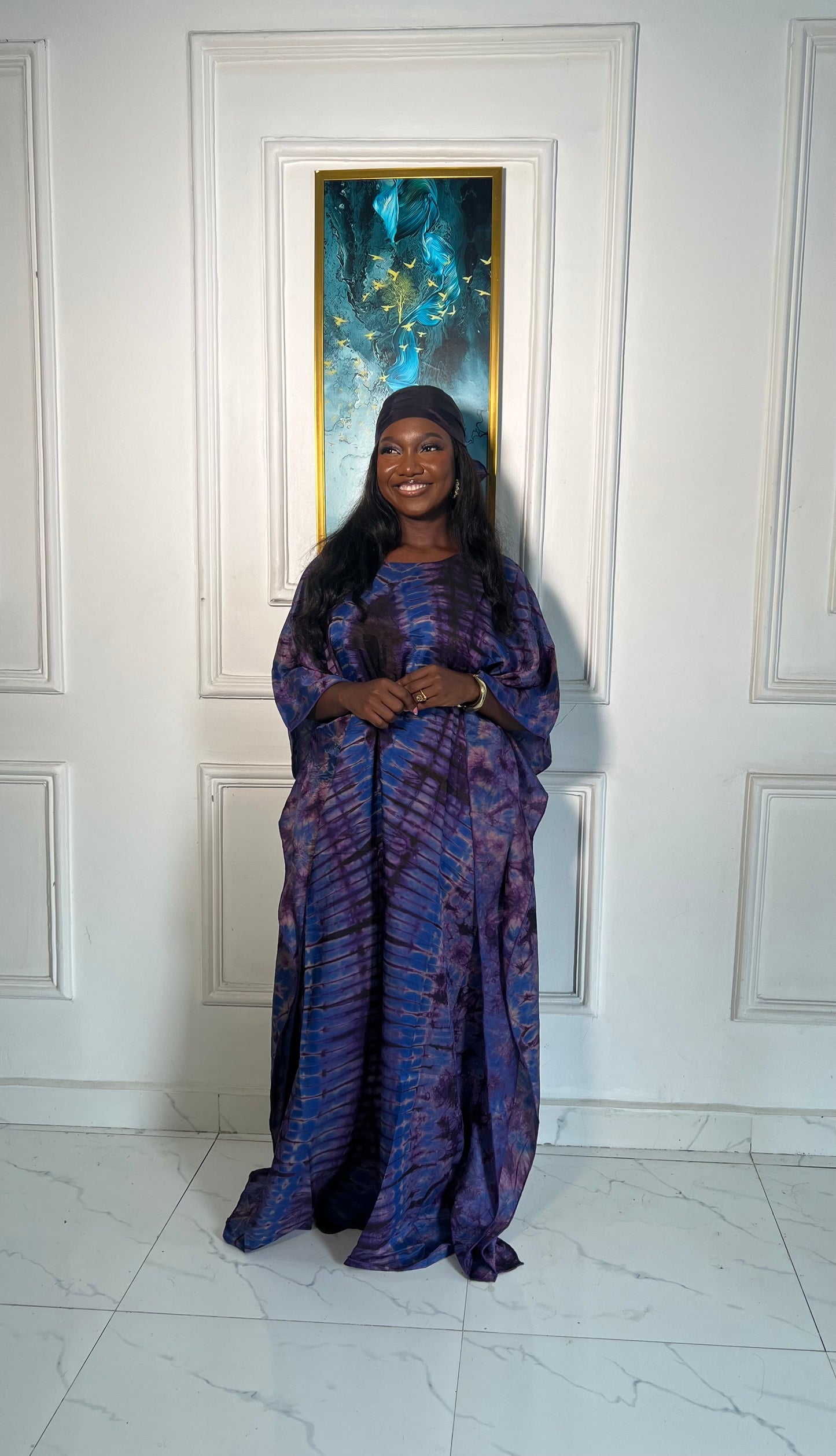 Zuri – Luxury Silk Adire Boubou Dress | African Free-Flowing Kaftan