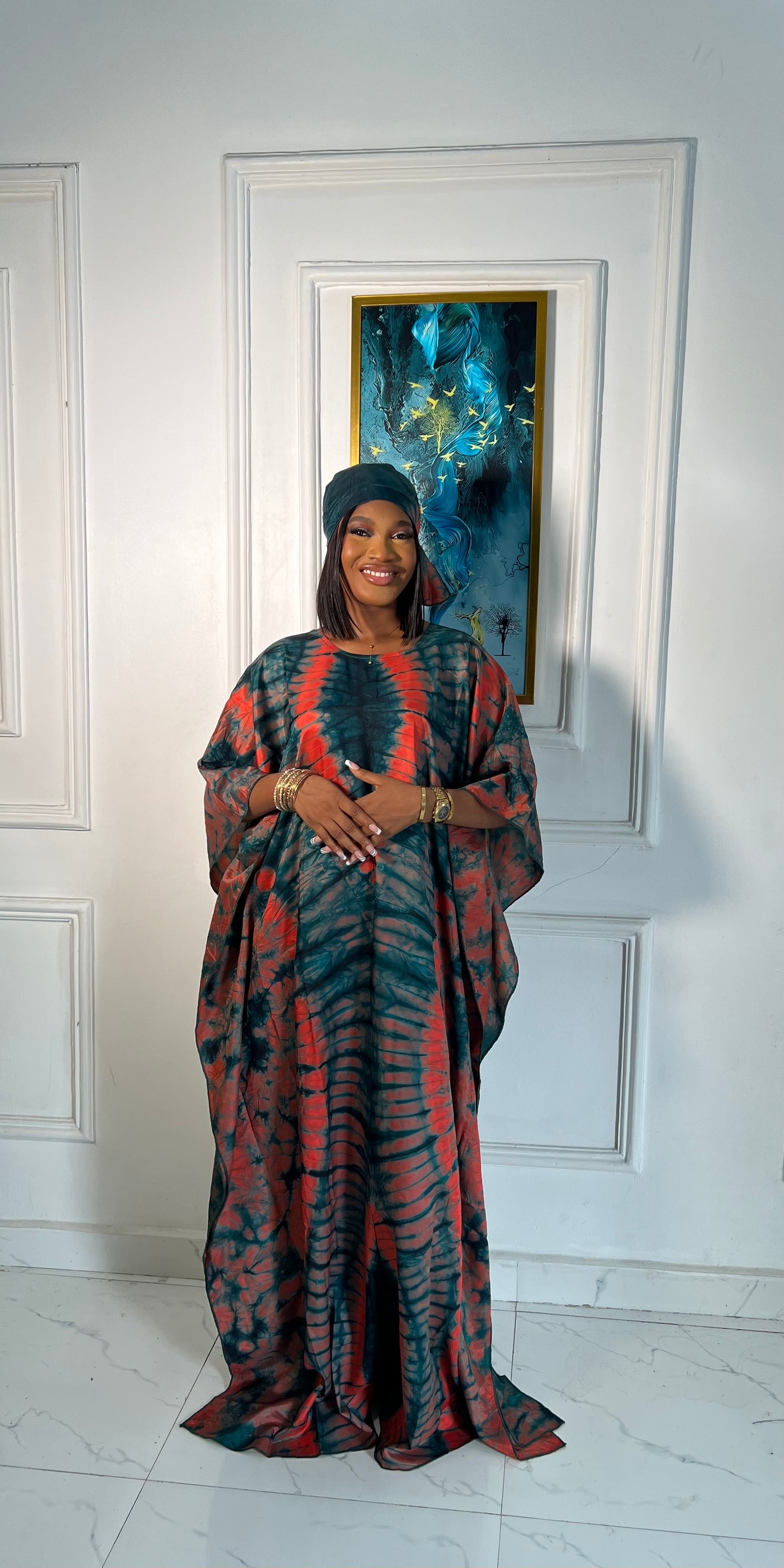 Zuri – Luxury Silk Adire Boubou Dress | African Free-Flowing Kaftan