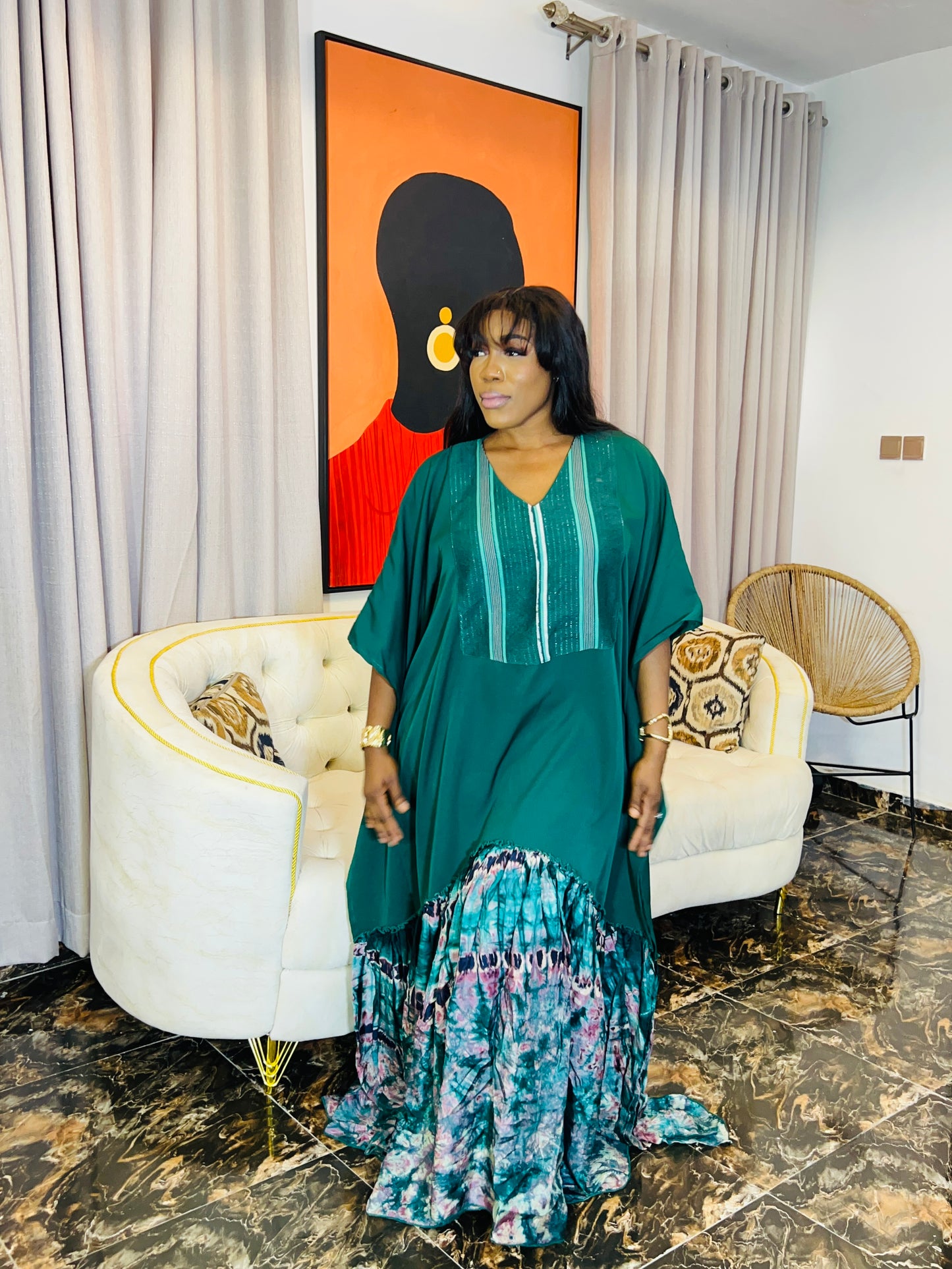 Handmade silk Adire boubou dress, 62-inch length, loose fit.