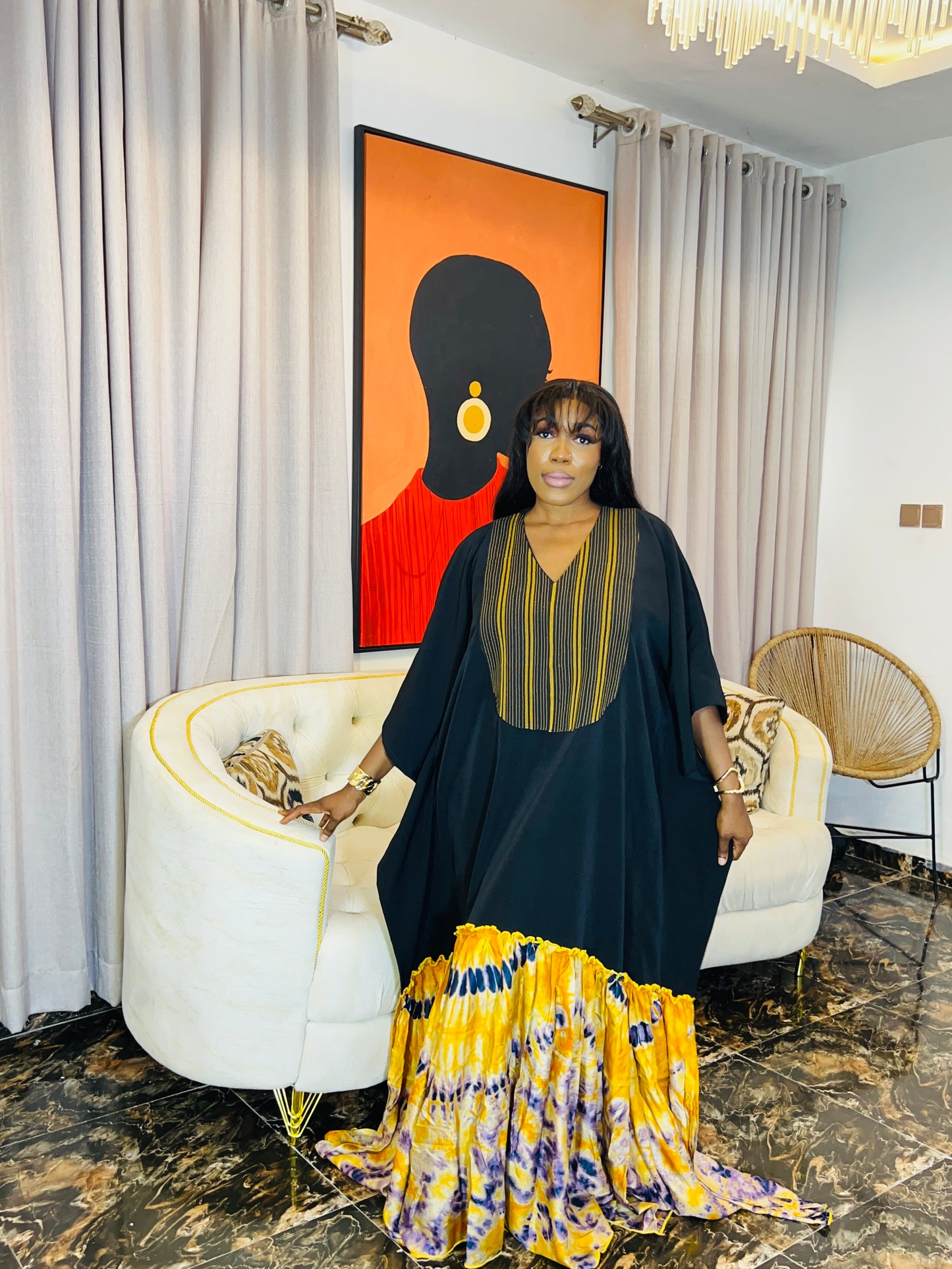 Handmade silk Adire boubou dress, 62-inch length, loose fit.