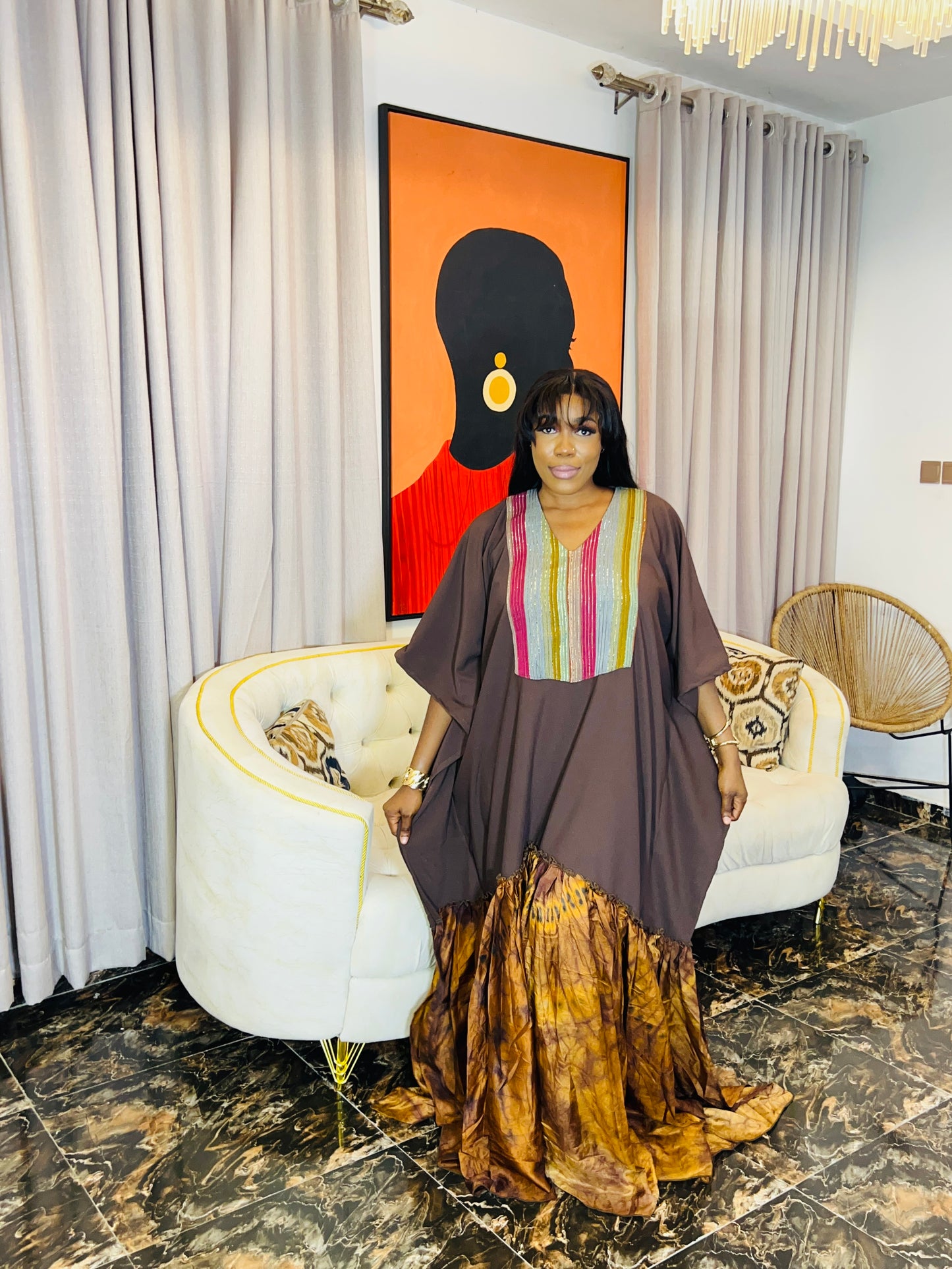 Handmade silk Adire boubou dress, 62-inch length, loose fit.