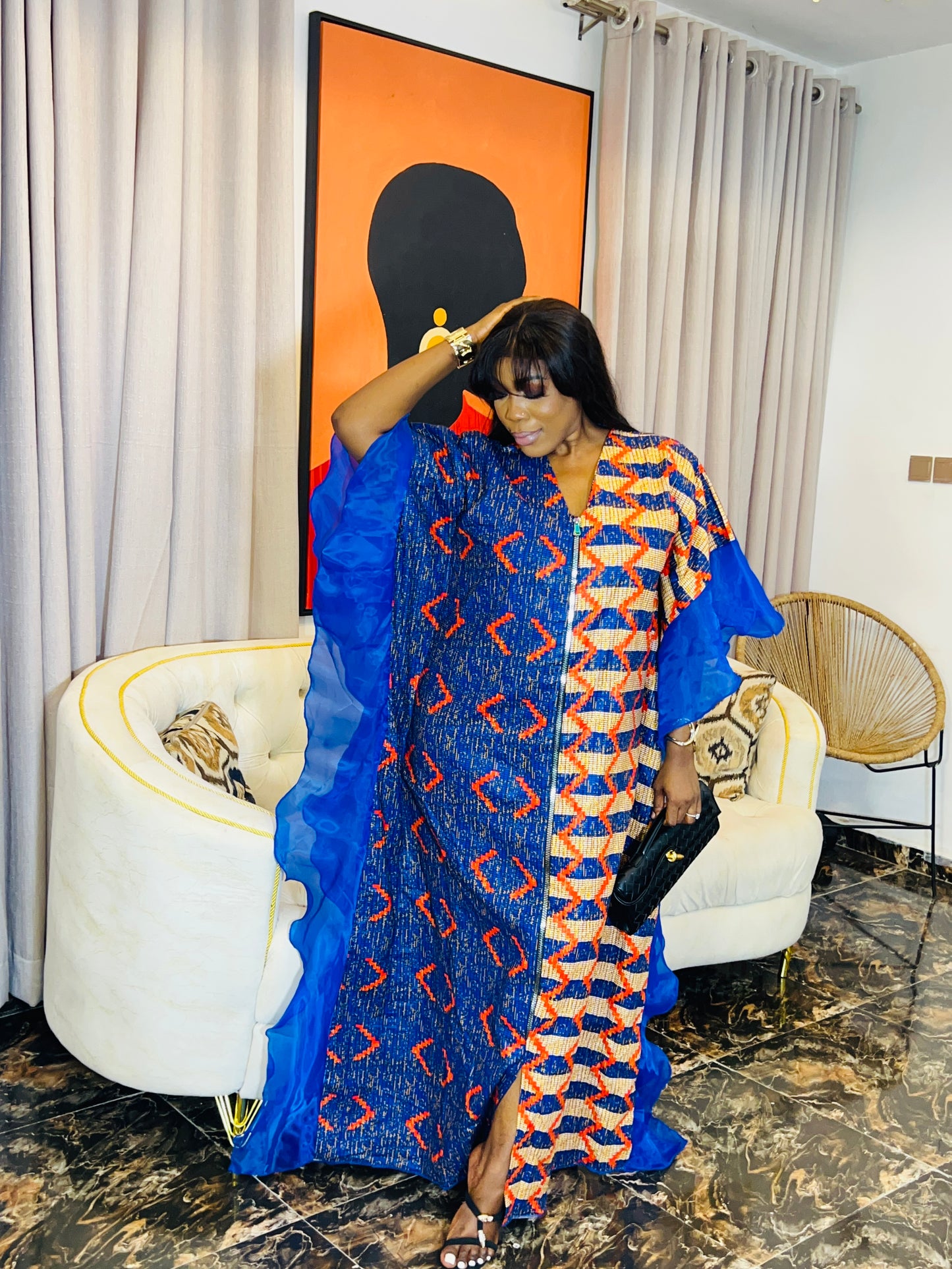 oversized Ankara boubou dress with organdy sleeves