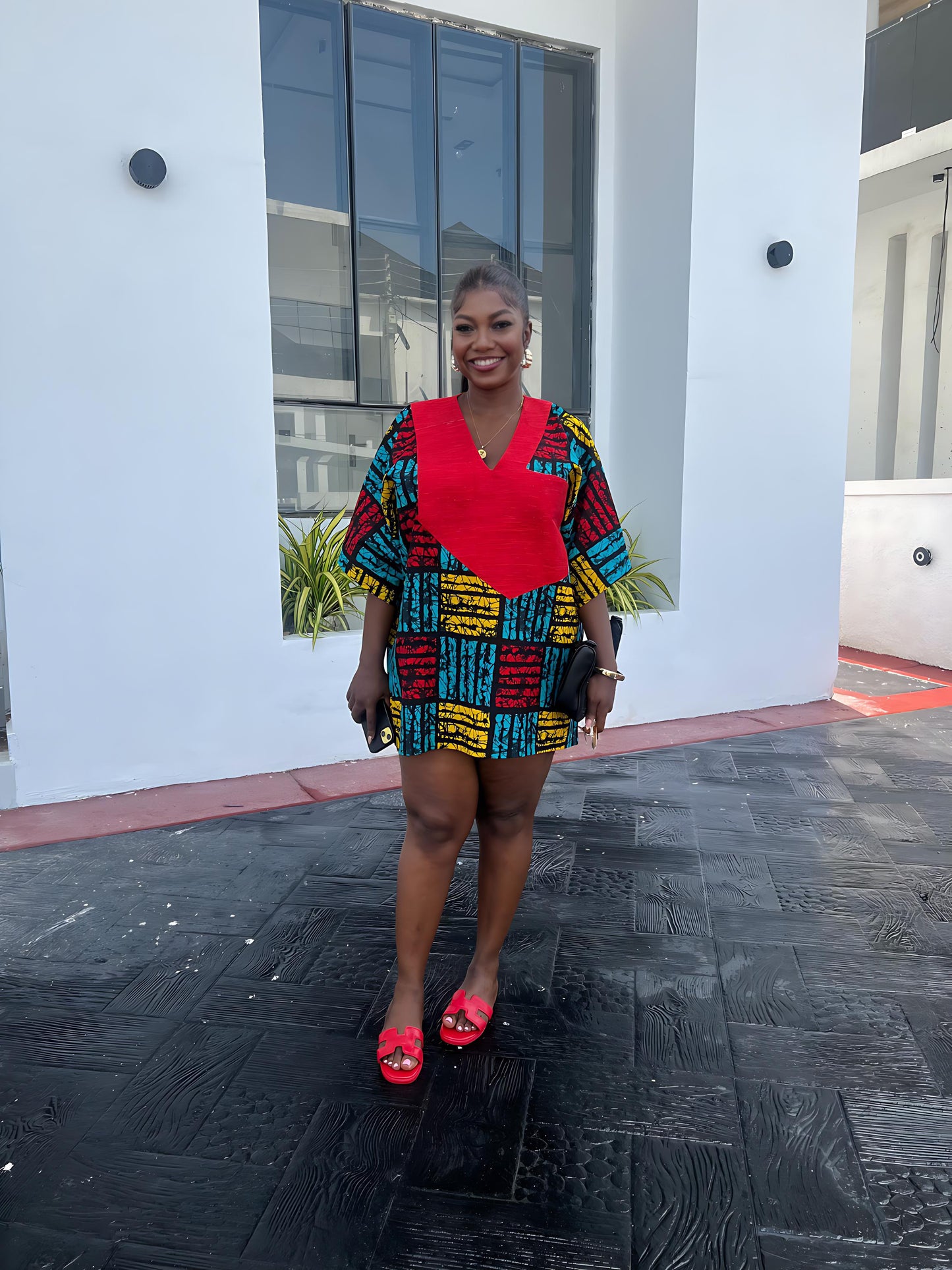 Short oversized Ankara boubou dress with Aso-Oke detail.