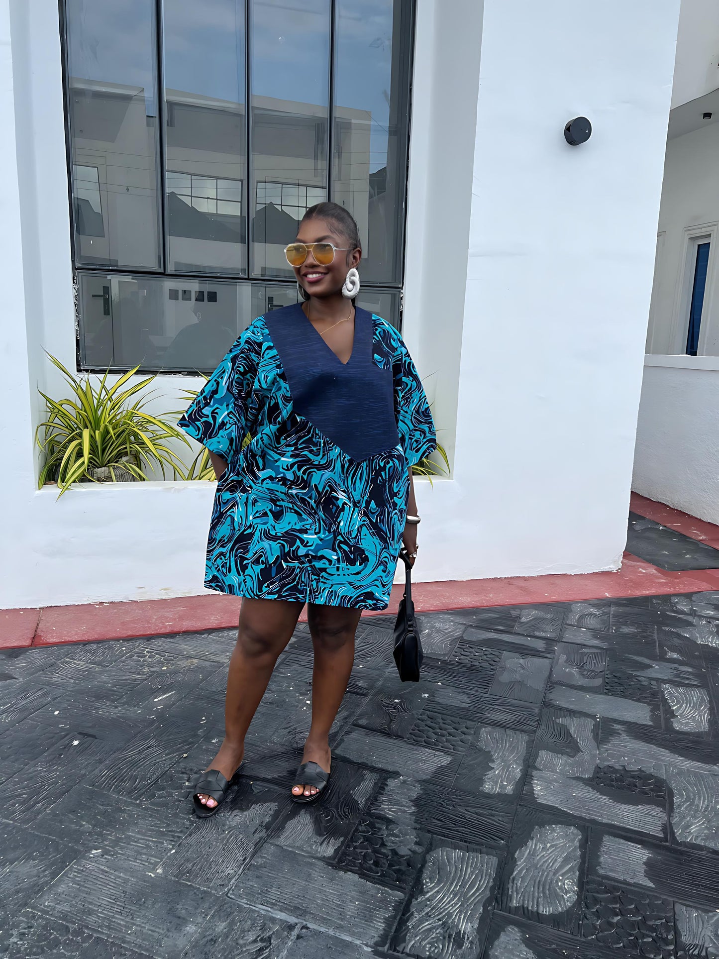 Short oversized Ankara boubou dress with Aso-Oke detail.