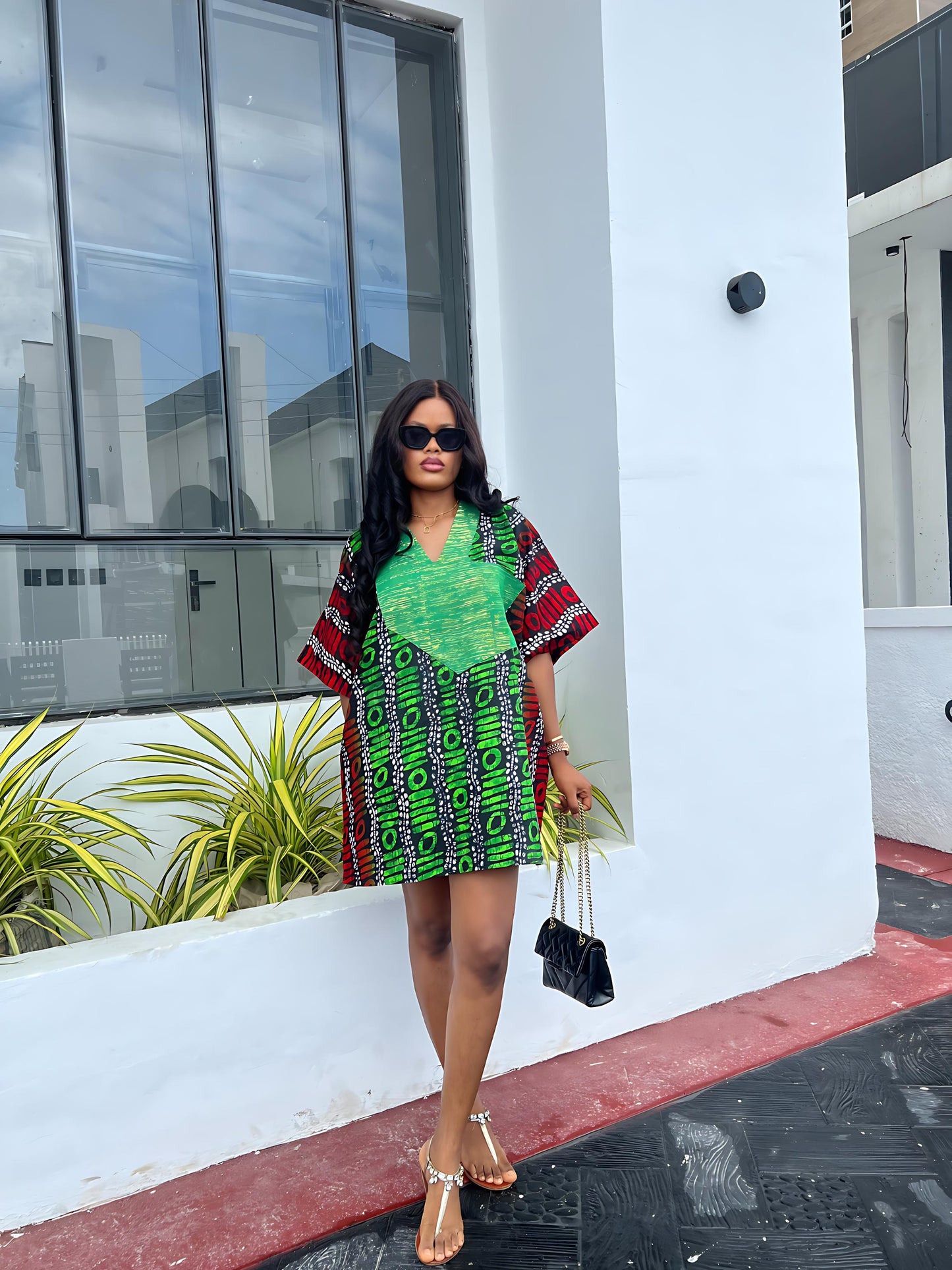 Short oversized Ankara boubou dress with Aso-Oke detail.