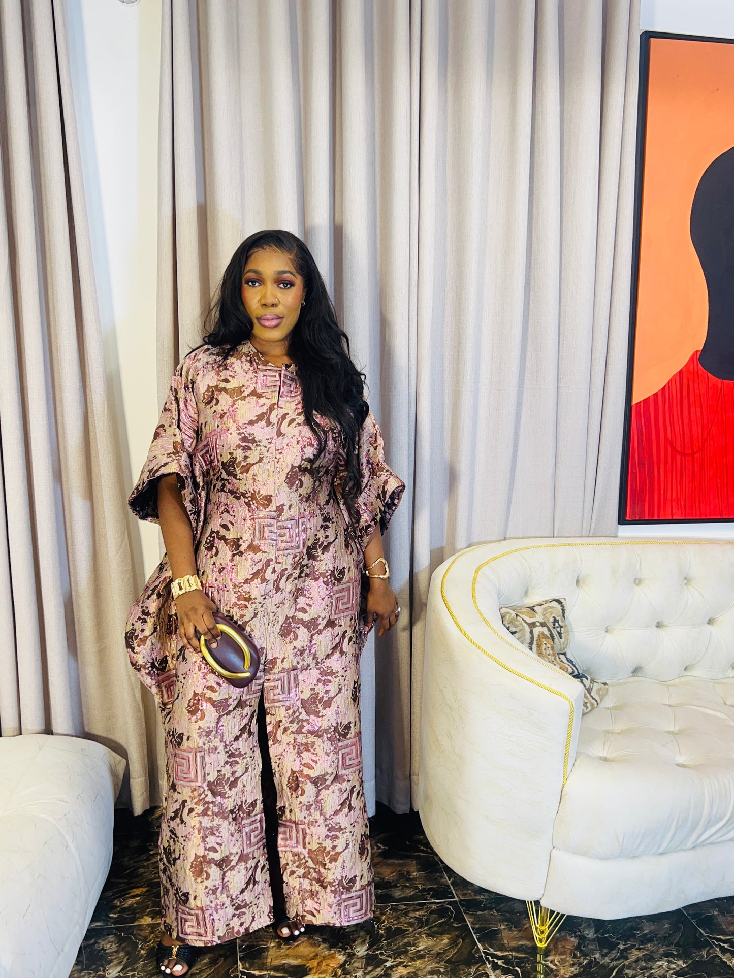 Woman wearing Ayinke Brocade Boubou – 62” length, oversized fit.