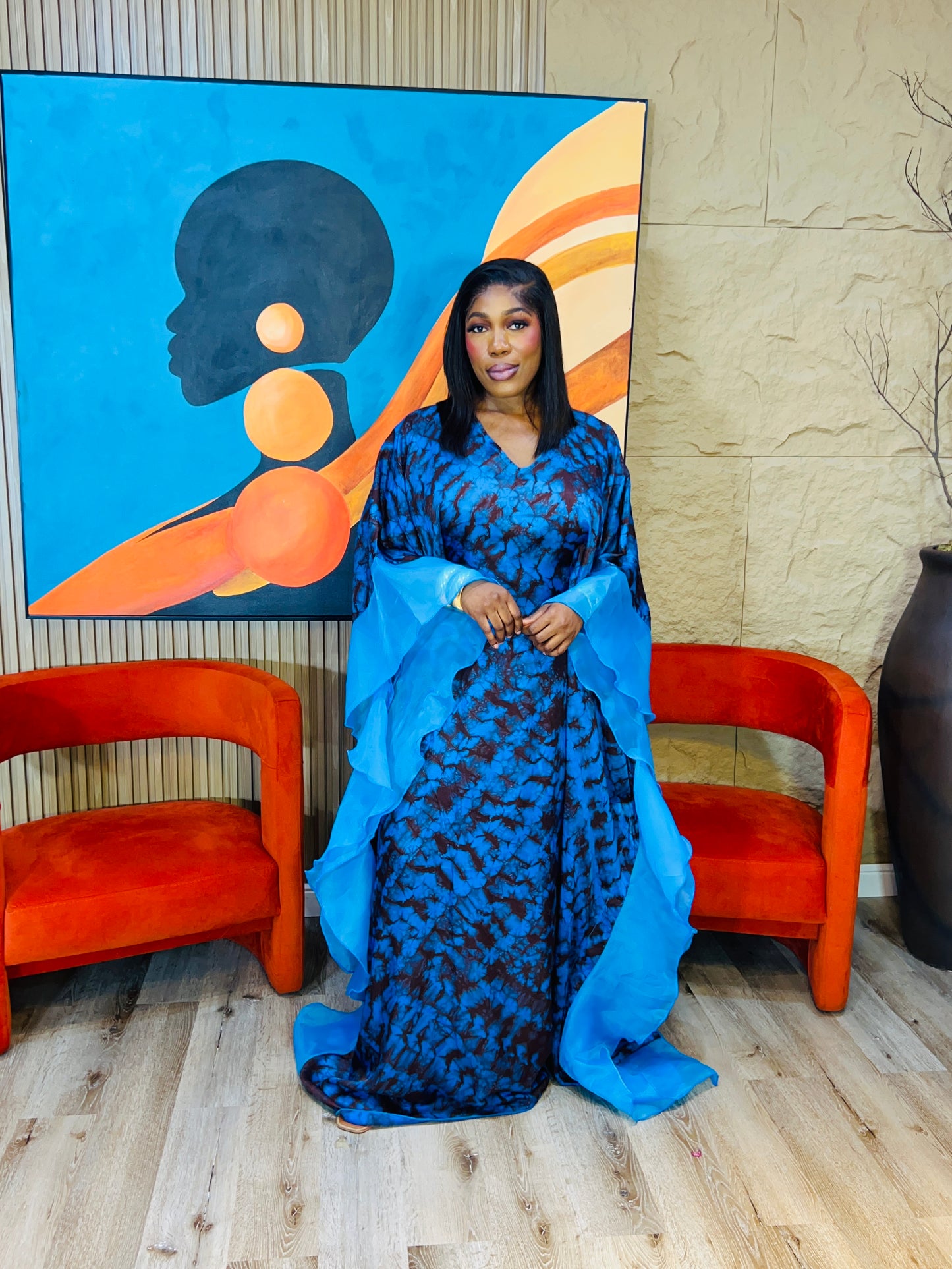 Jamila – Ruffle Sleeve African Boubou Dress | Luxury Adire Kaftan for Women