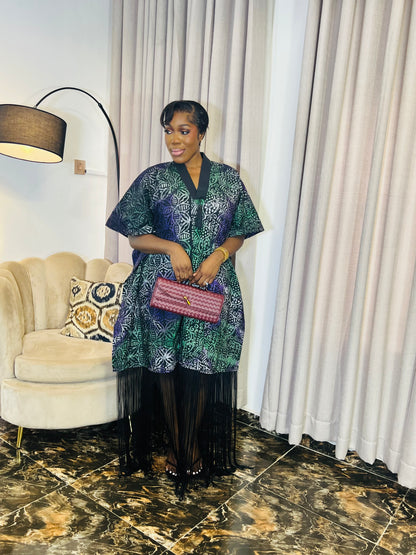 African woman wearing fringe bubu dress – hand-dyed tie-dye kaftan