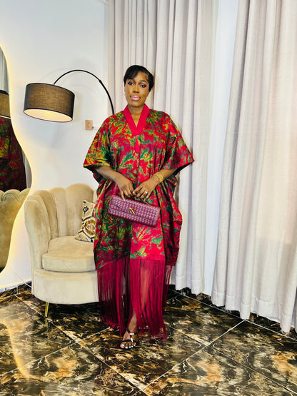 African woman wearing fringe bubu dress – hand-dyed tie-dye kaftan