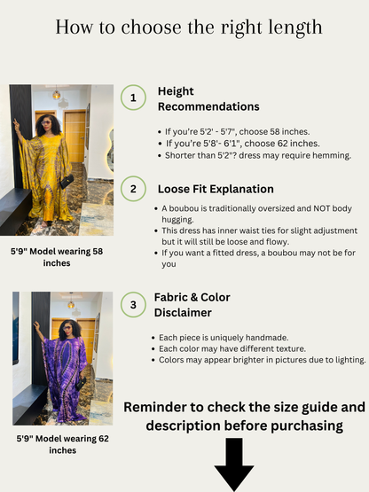 Boubou dress size chart – recommended length for women 5’6” and taller or shorter