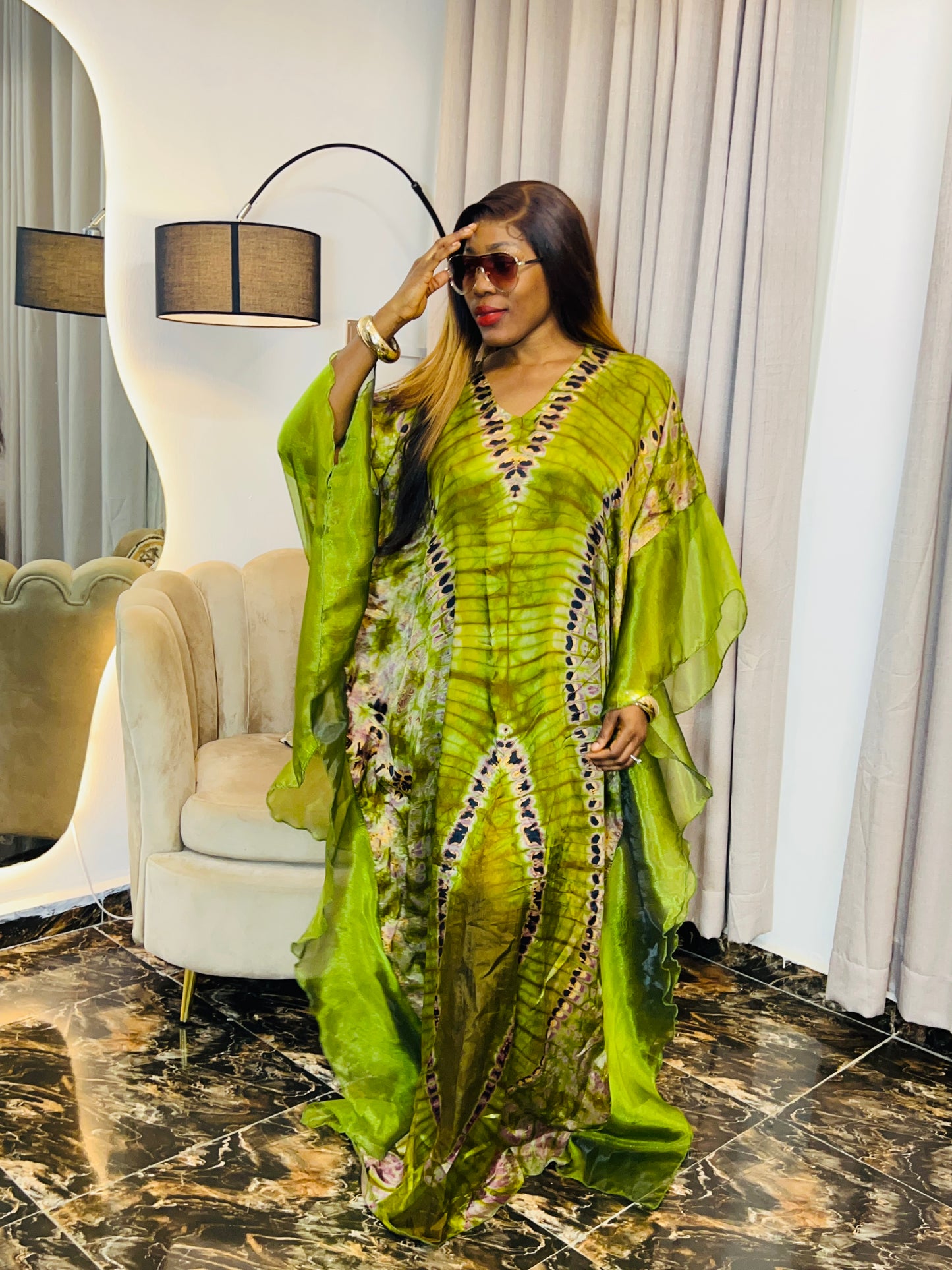 Jamila – Ruffle Sleeve African Boubou Dress | Luxury Adire Kaftan for Women