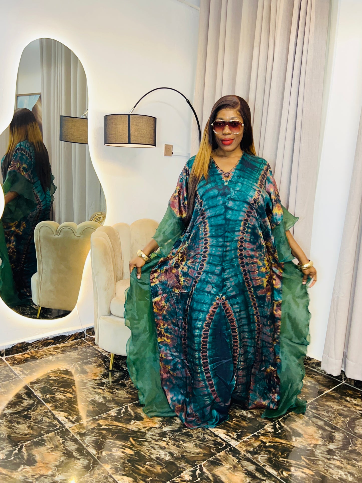 Jamila – Ruffle Sleeve African Boubou Dress | Luxury Adire Kaftan for Women