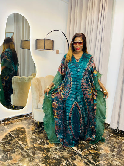 Jamila – Ruffle Sleeve African Boubou Dress | Luxury Adire Kaftan for Women