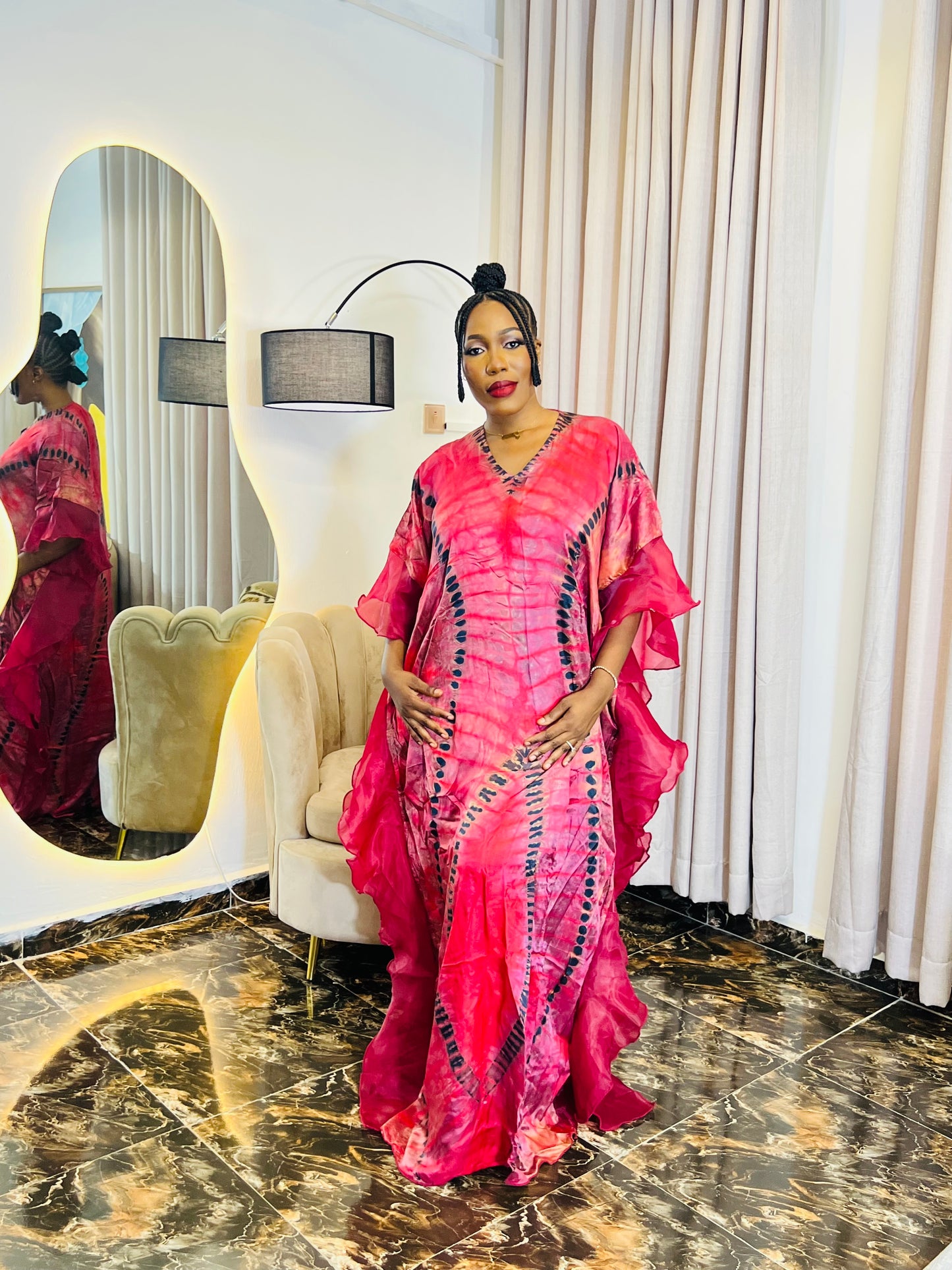 Jamila – Ruffle Sleeve African Boubou Dress | Luxury Adire Kaftan for Women
