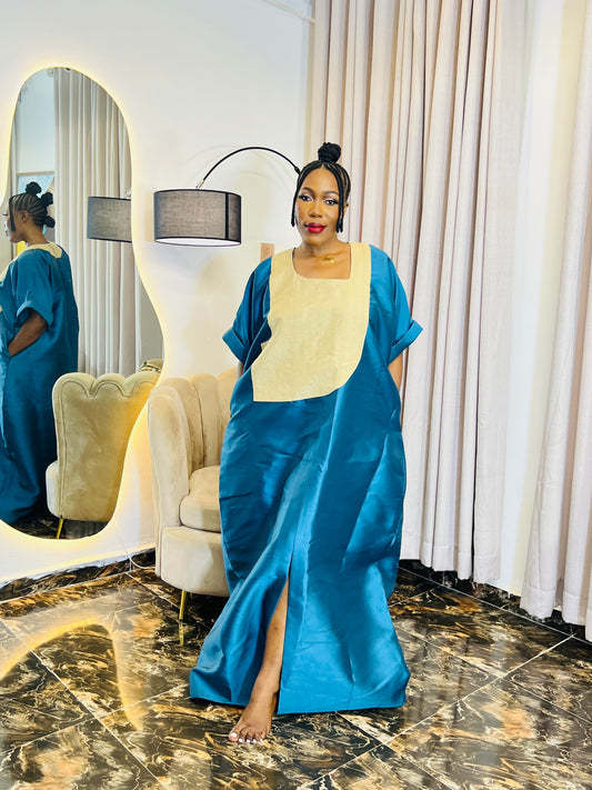 African woman wearing a structured Mikado boubou dress – one-size kaftan