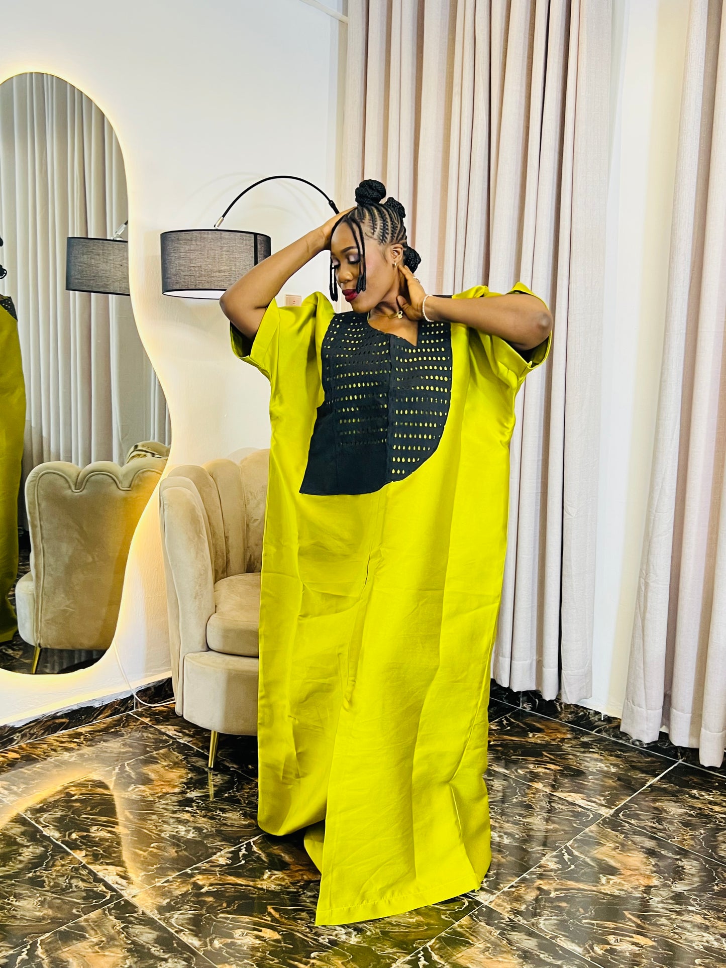 African woman wearing a structured Mikado boubou dress – one-size kaftan