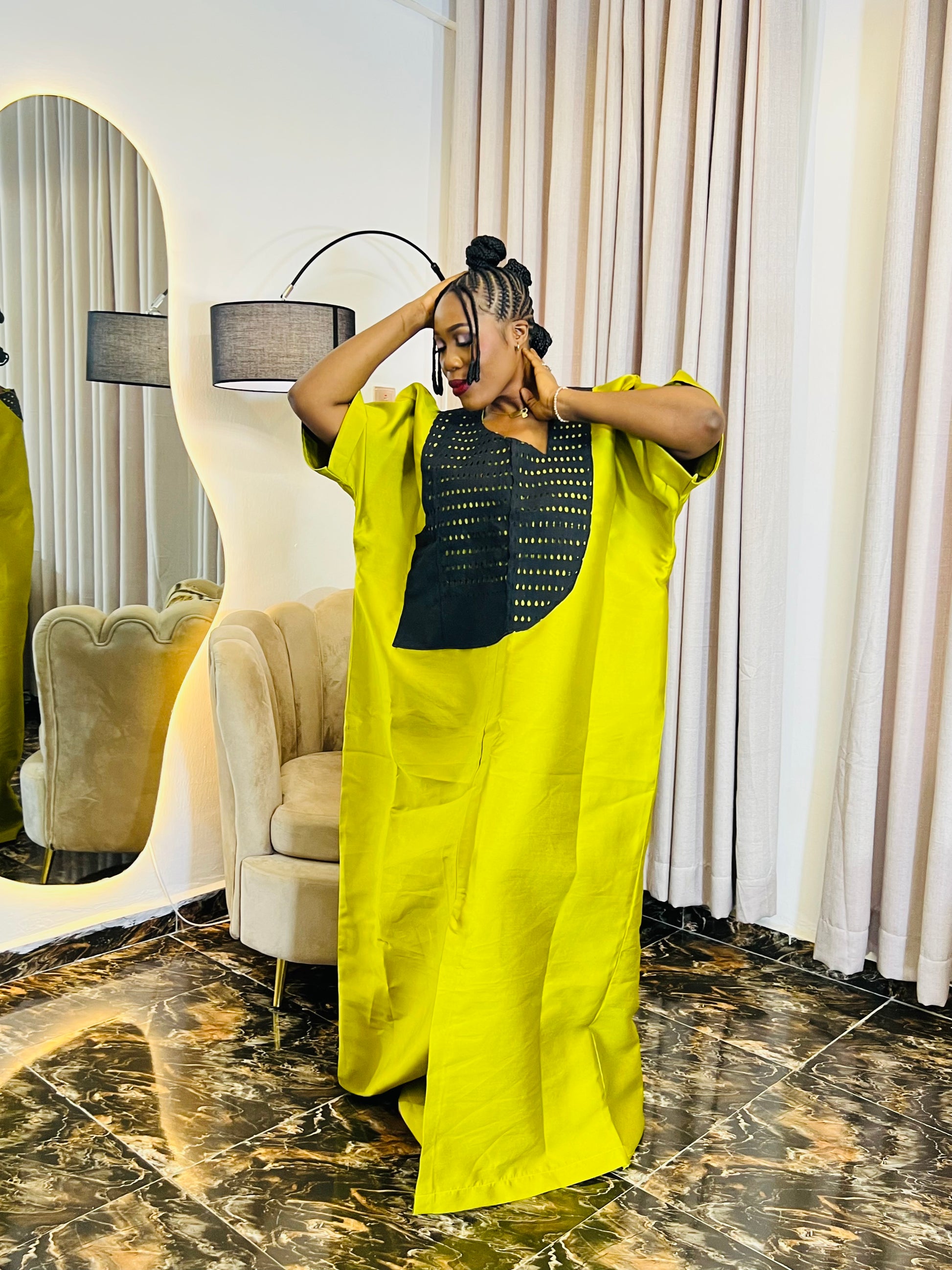 African woman wearing a structured Mikado boubou dress – one-size kaftan