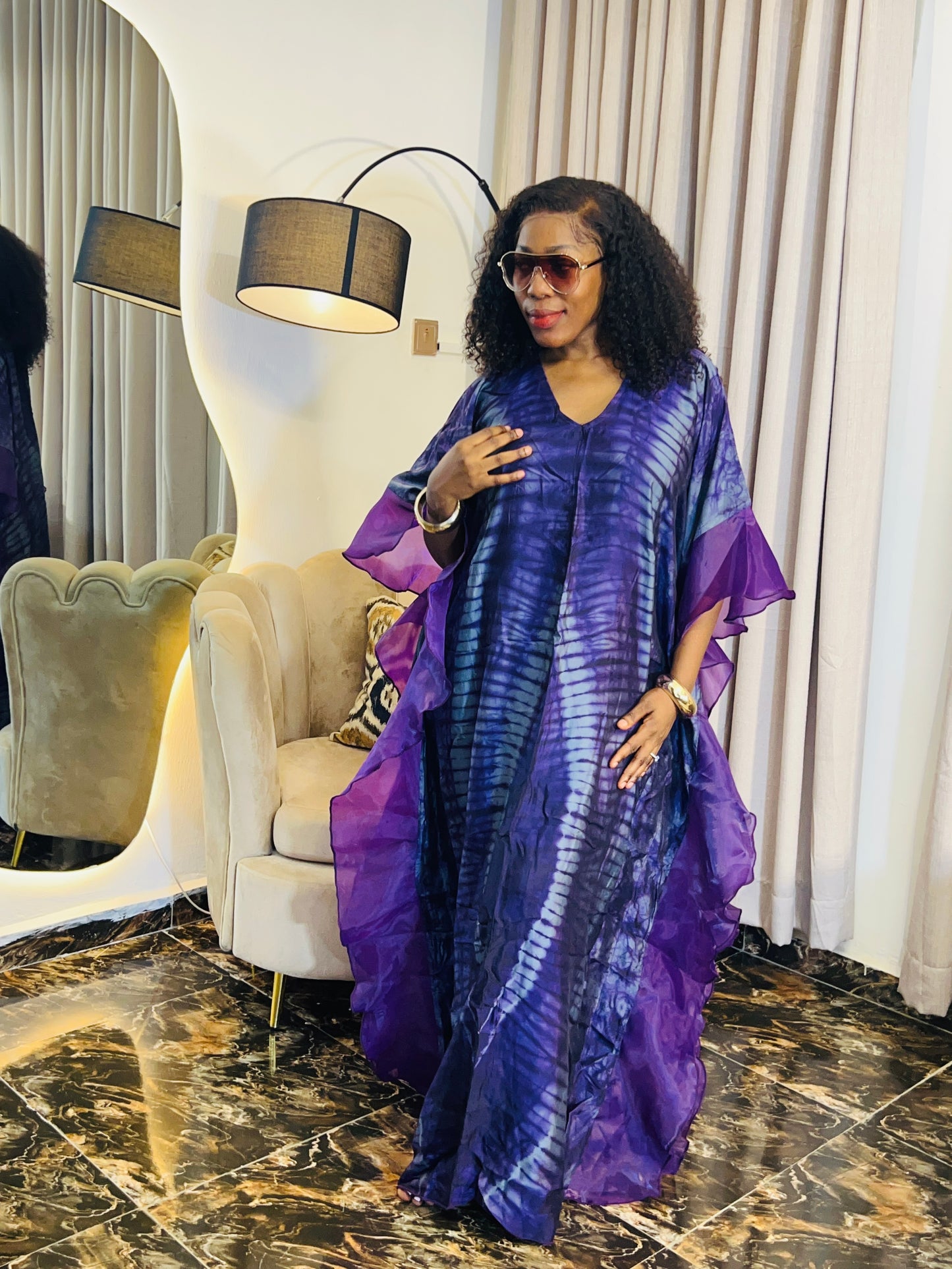 Jamila – Ruffle Sleeve African Boubou Dress | Luxury Adire Kaftan for Women