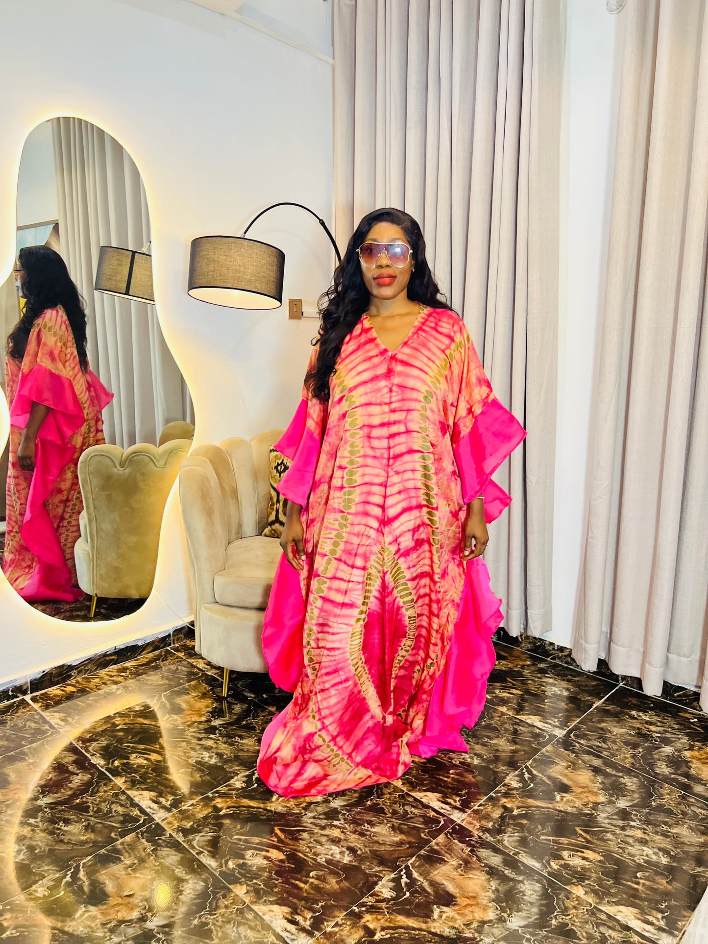 Jamila – Ruffle Sleeve African Boubou Dress | Luxury Adire Kaftan for Women