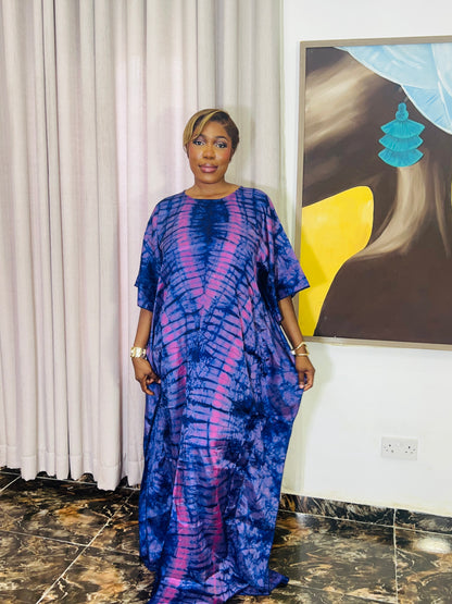 Zuri – Luxury Silk Adire Boubou Dress | African Free-Flowing Kaftan