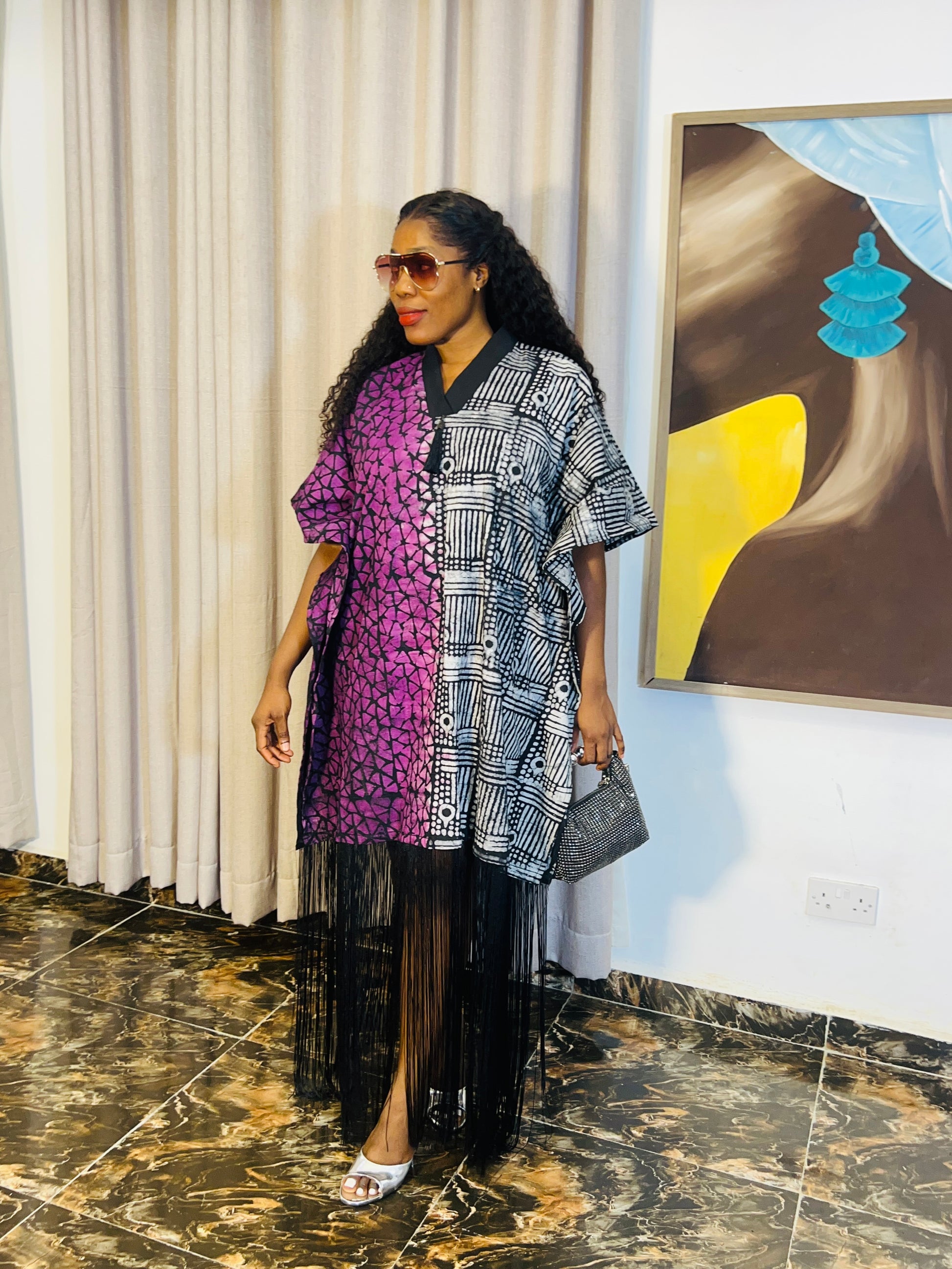 African woman wearing fringe bubu dress – hand-dyed tie-dye kaftan