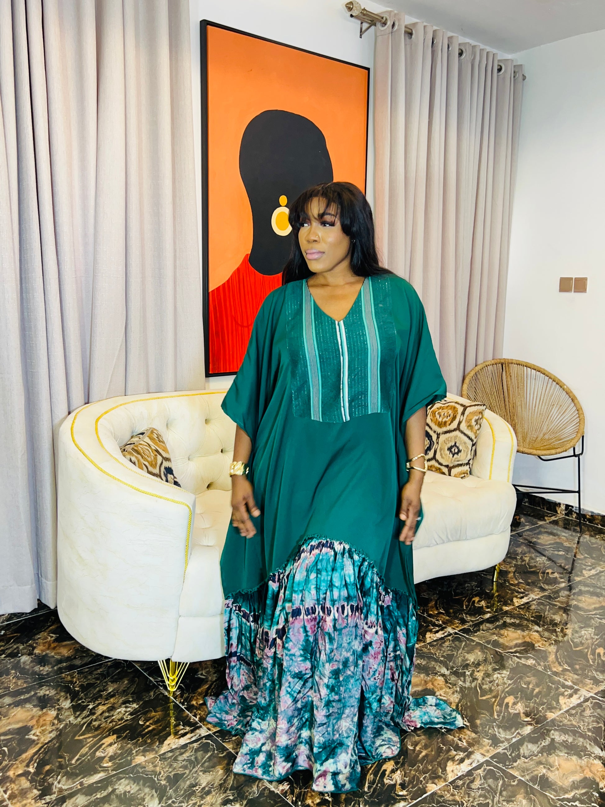 Handmade silk Adire boubou dress, 62-inch length, loose fit.