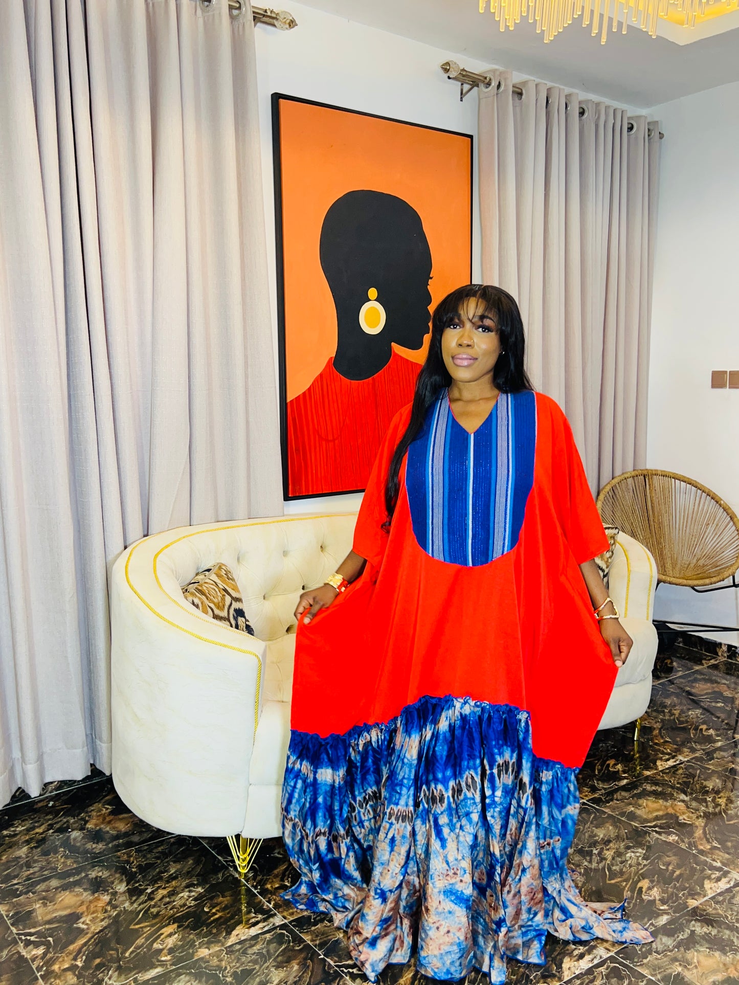 Handmade silk Adire boubou dress, 62-inch length, loose fit.