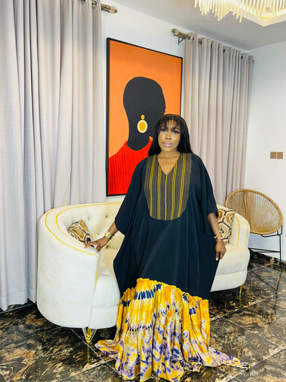 Handmade silk Adire boubou dress, 62-inch length, loose fit.