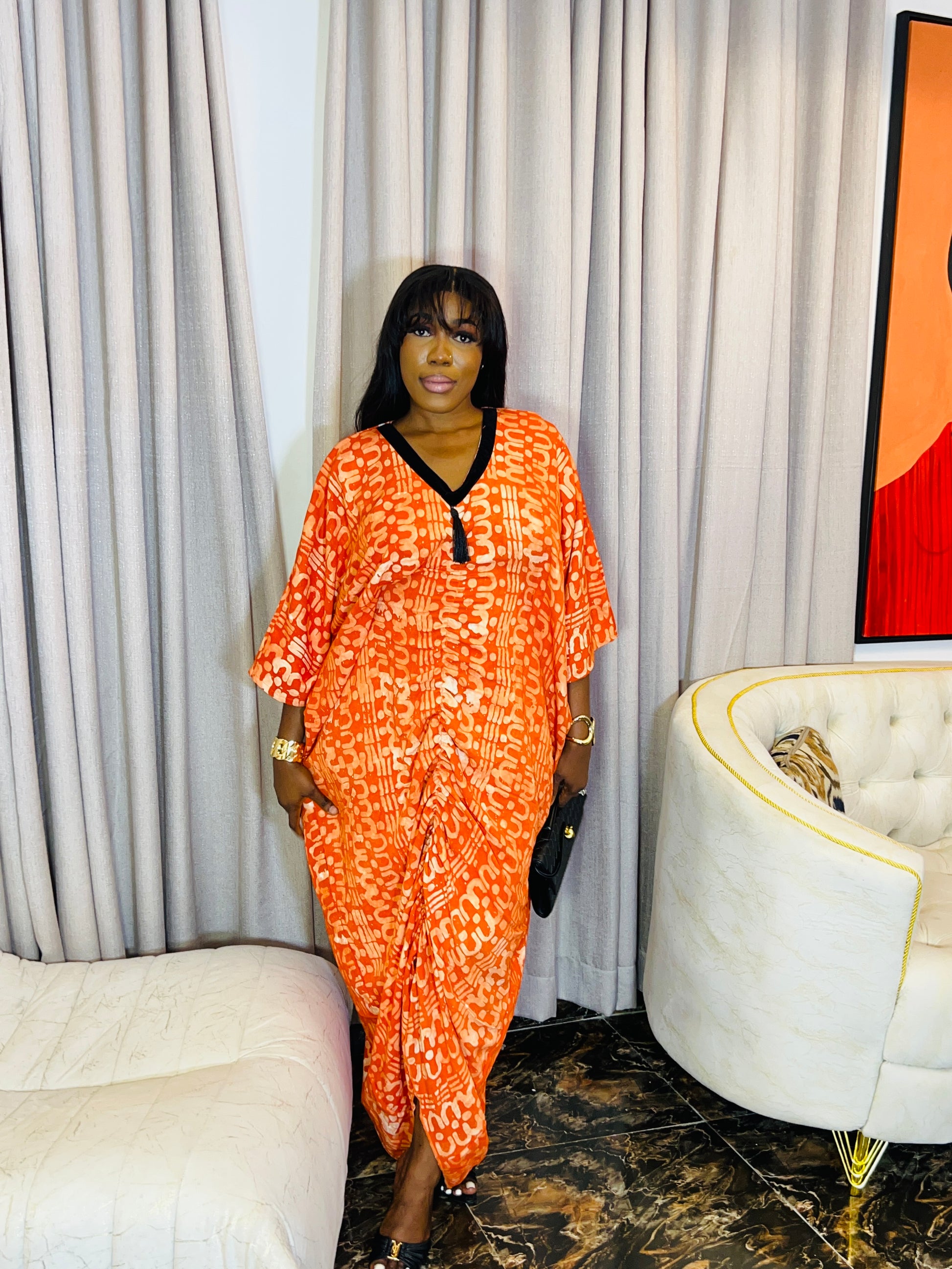 Oversized Adire Crepe boubou dress with inner belt, tall girl friendly fit