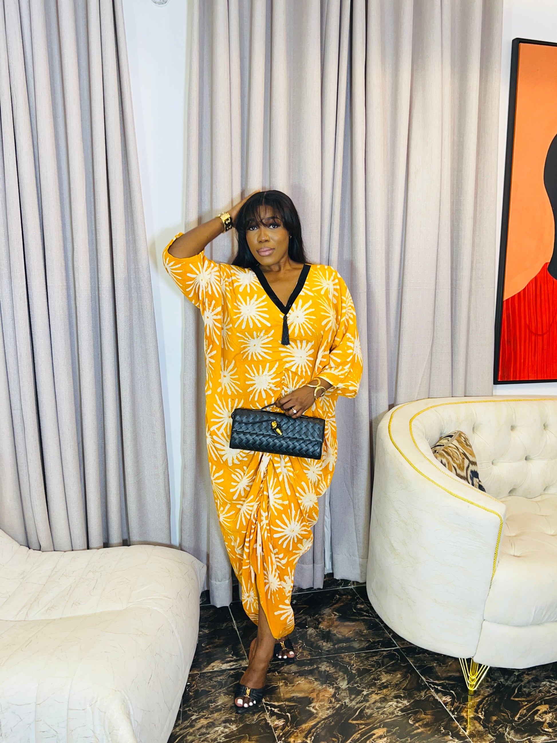 Oversized Adire Crepe boubou dress with inner belt, tall girl friendly fit