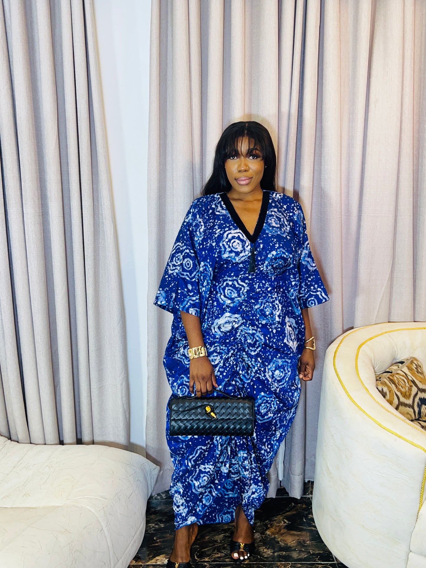 Oversized Adire Crepe boubou dress with inner belt, tall girl friendly fit