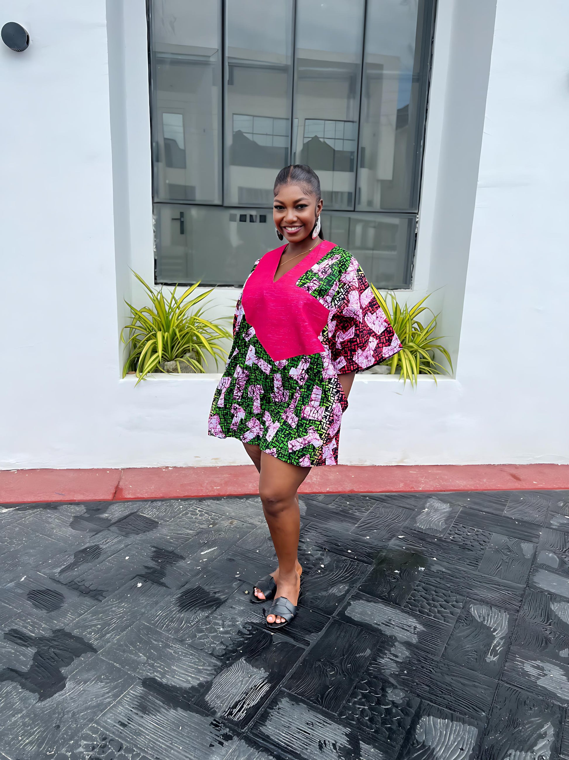 Short oversized Ankara boubou dress with Aso-Oke detail.