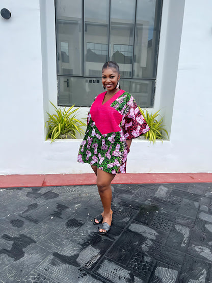 Short oversized Ankara boubou dress with Aso-Oke detail.