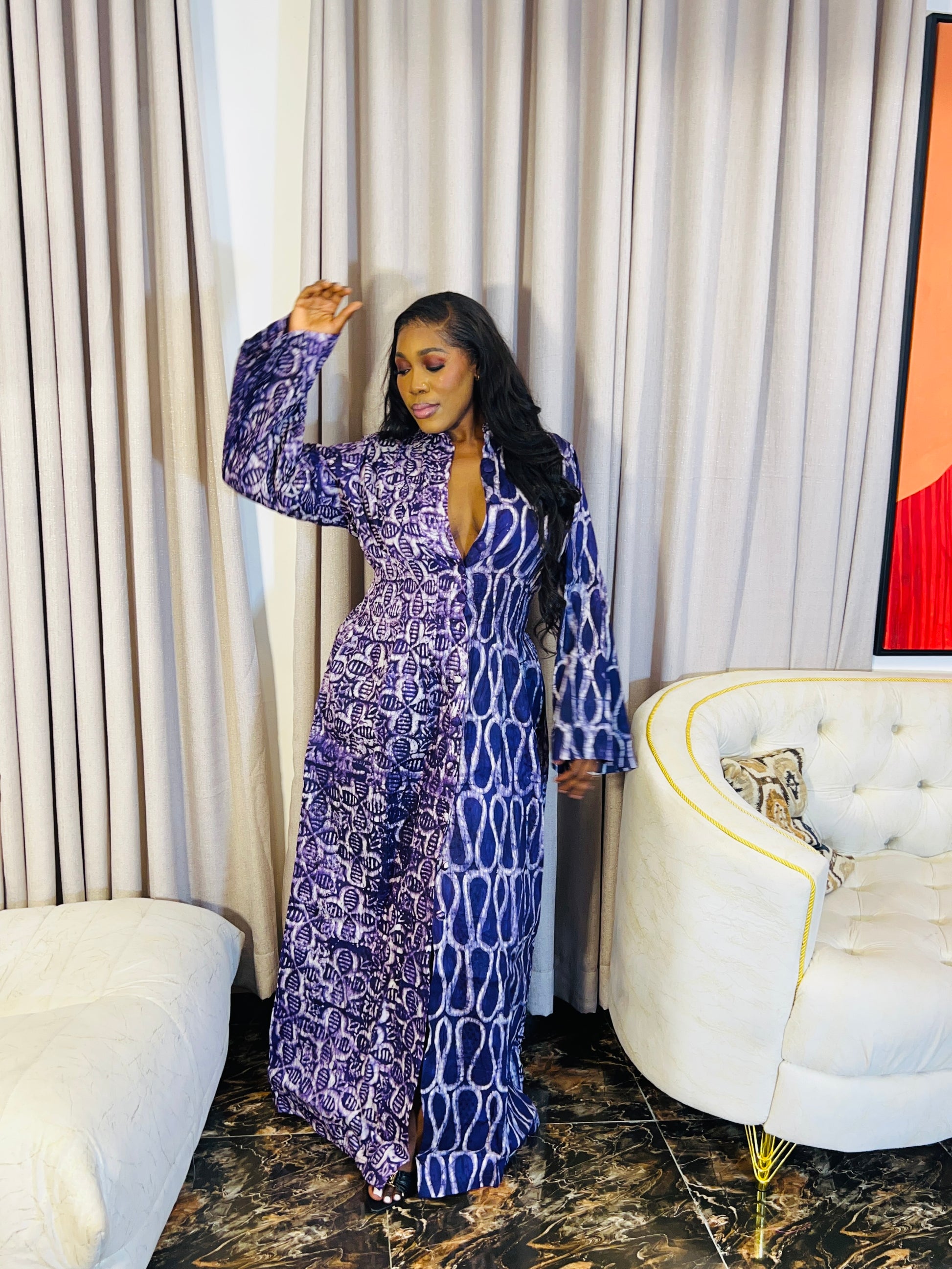Model wearing Tife Adire shirt dress 