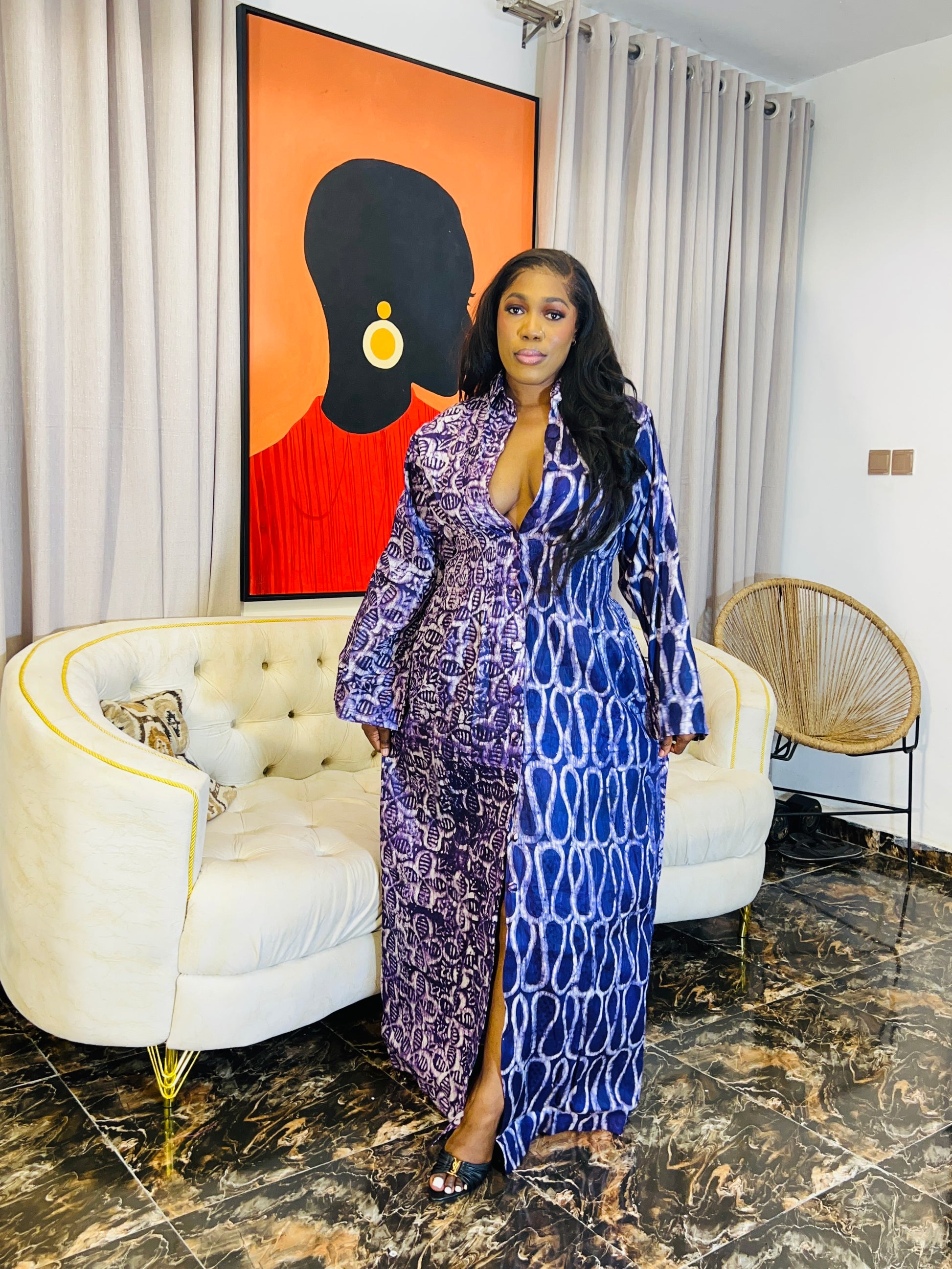 Model wearing Tife Adire shirt dress 